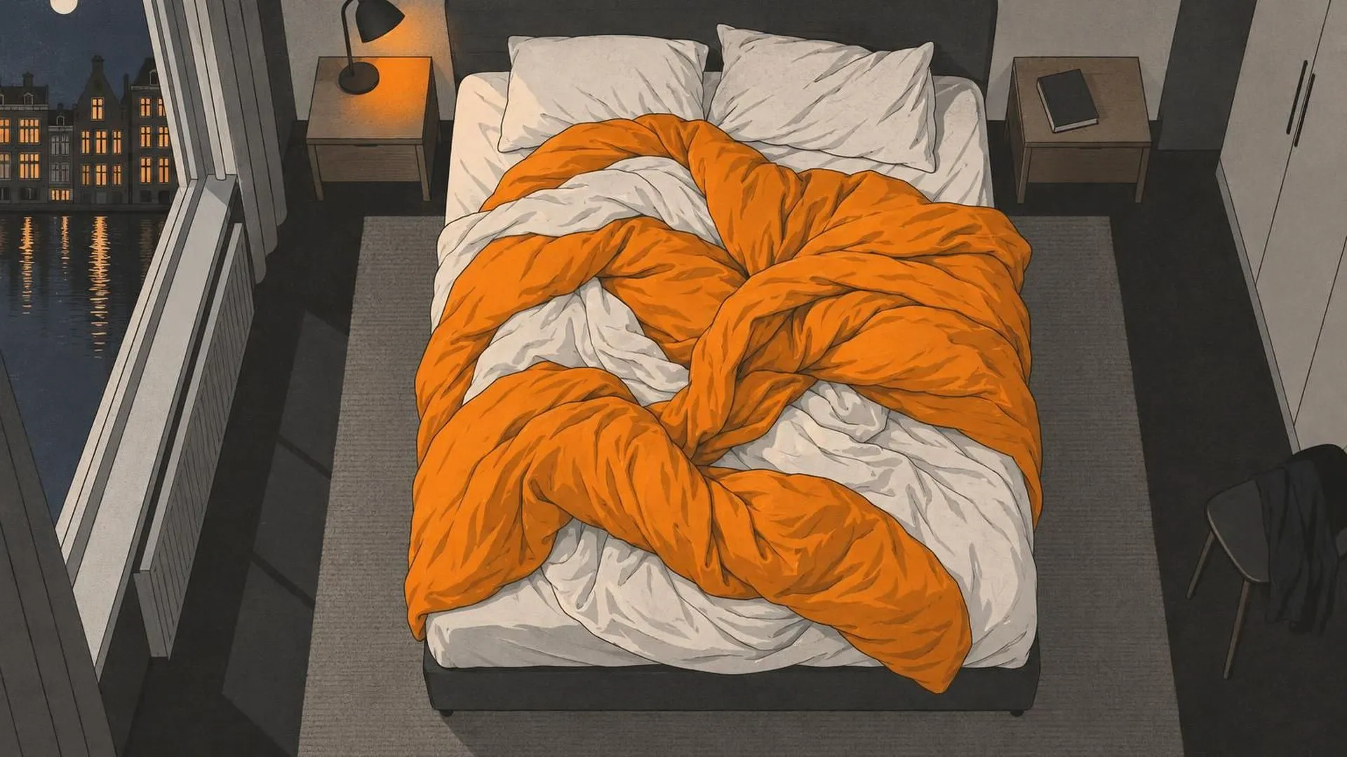 Een bed van bovenaf, het dekbed verwrongen tot een knoop terwijl de rest van de kamer stil en opgeruimd is.