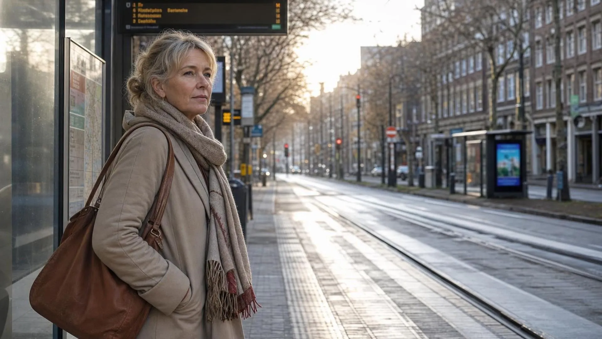Persoon die even stilstaat bij een tramhalte en nadenkt
