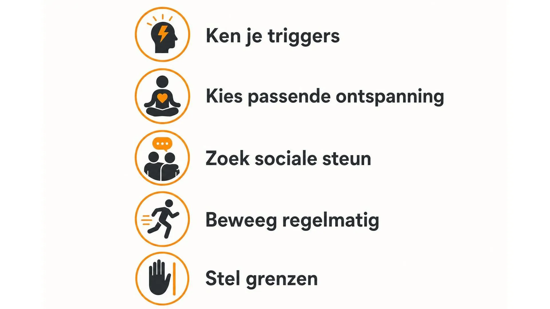 Vijf praktische tips om met stressgevoeligheid om te gaan: ken je triggers, kies passende ontspanning, zoek sociale steun, beweeg regelmatig, stel grenzen