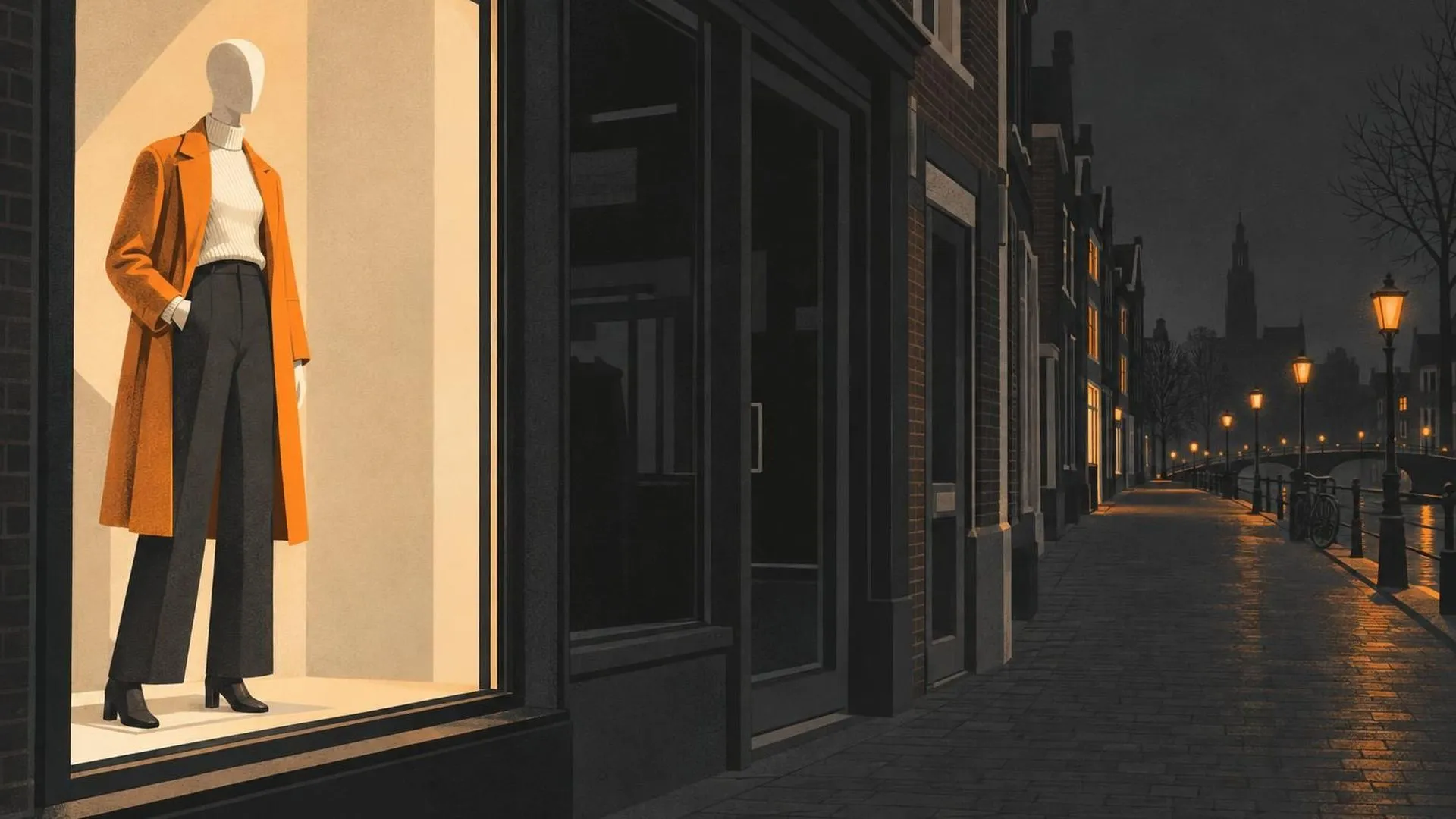 Een fel verlichte etalagepop in perfecte kleding op een Nederlandse winkelstraat 's nachts, de winkel erachter donker en gesloten.