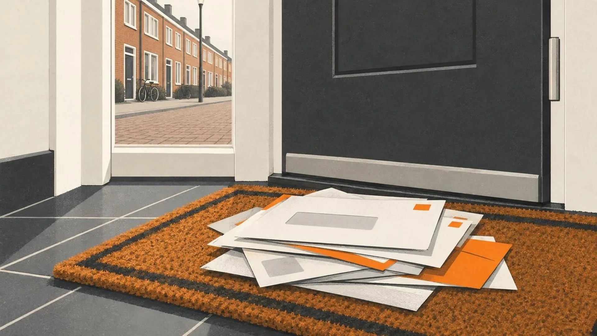 Een stapel ongeopende post op de deurmat net binnen de voordeur, envelop over envelop, duidelijk van meerdere weken.