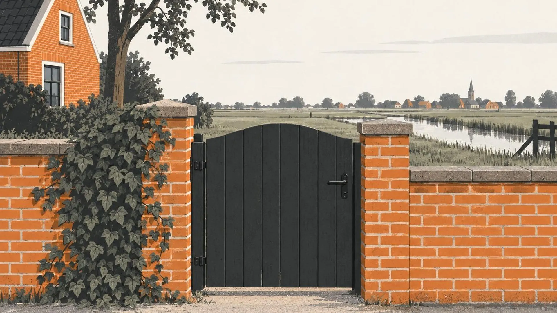 Een fris geschilderd tuinhek in een bakstenen Nederlandse tuinmuur, dicht maar duidelijk niet op slot, met klimop langs één kant.