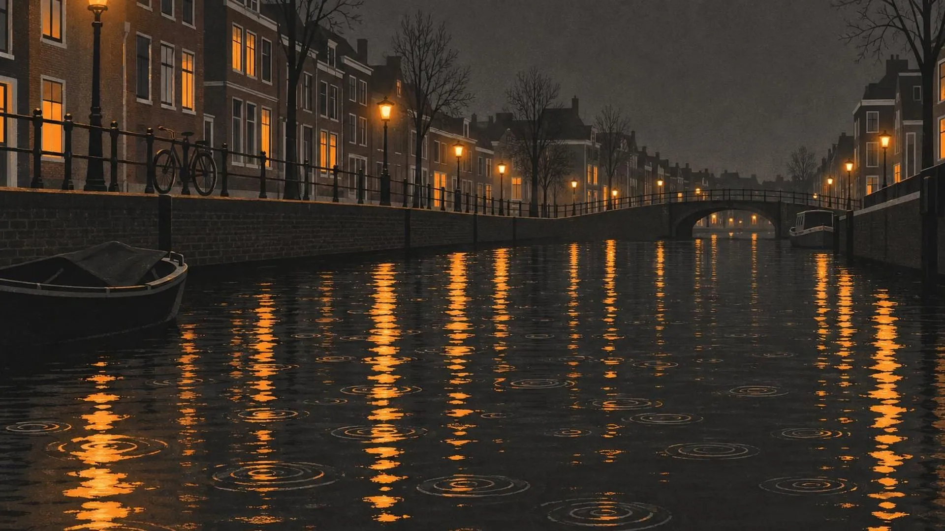 Een gracht in de nacht waar het wateroppervlak zonder wind toch rimpelt en de lichtjes breekt.