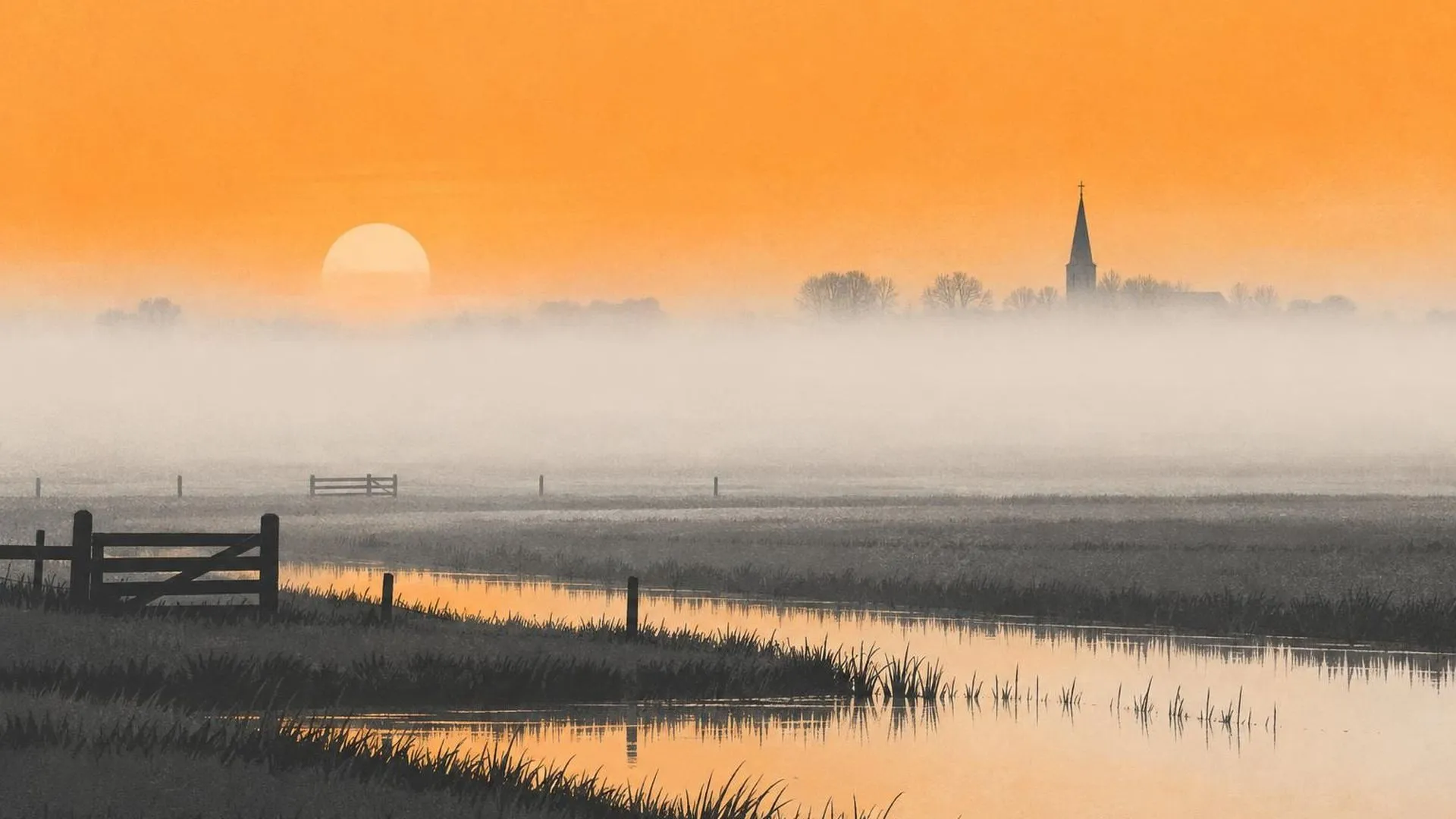 Een vlak polderlandschap bij zonsopgang, bedekt met dichte lage mist, waarboven alleen de spits van een verre kerktoren uitsteekt.