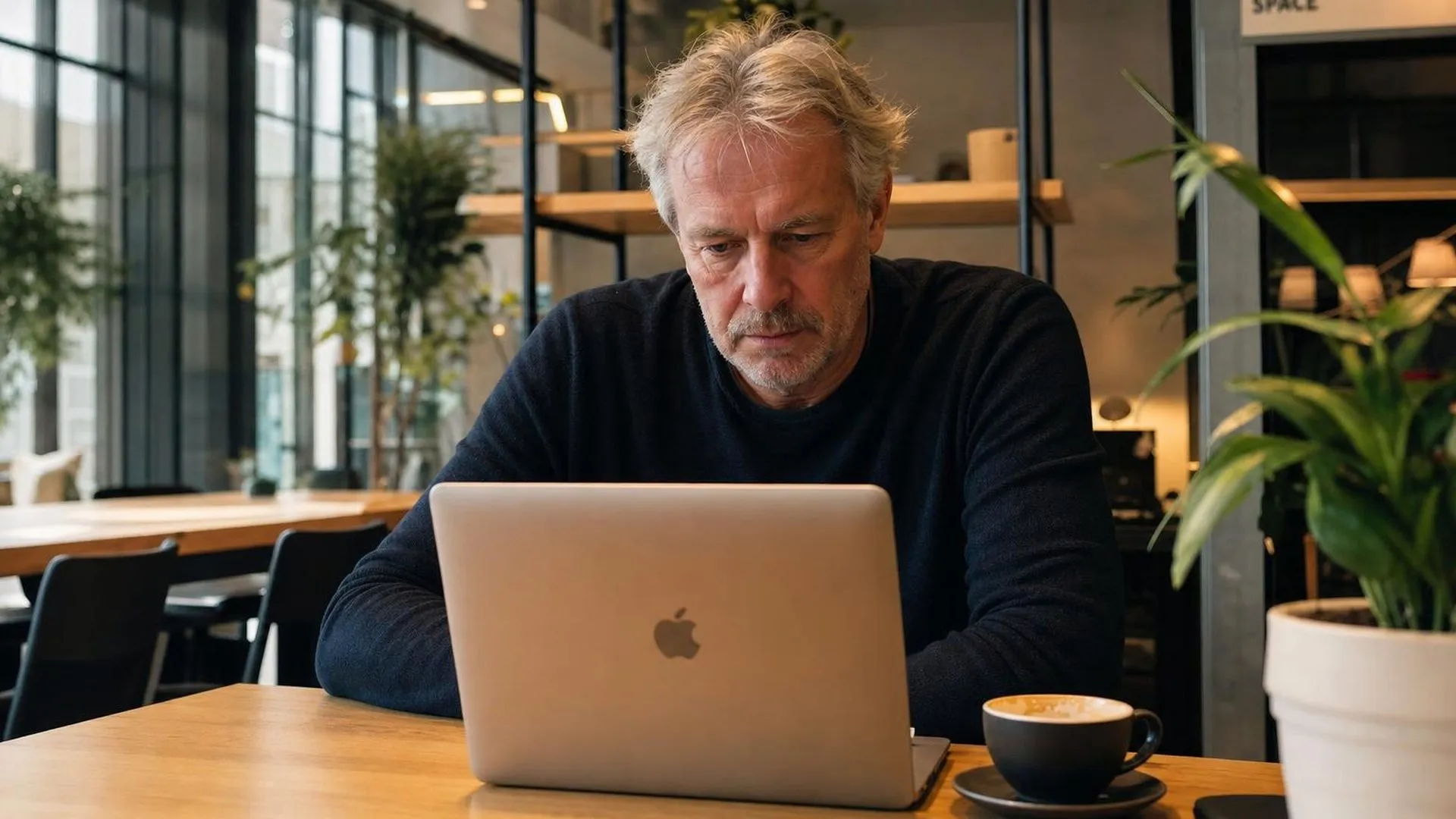 Persoon staart naar laptop met twijfelende blik in een co-working café