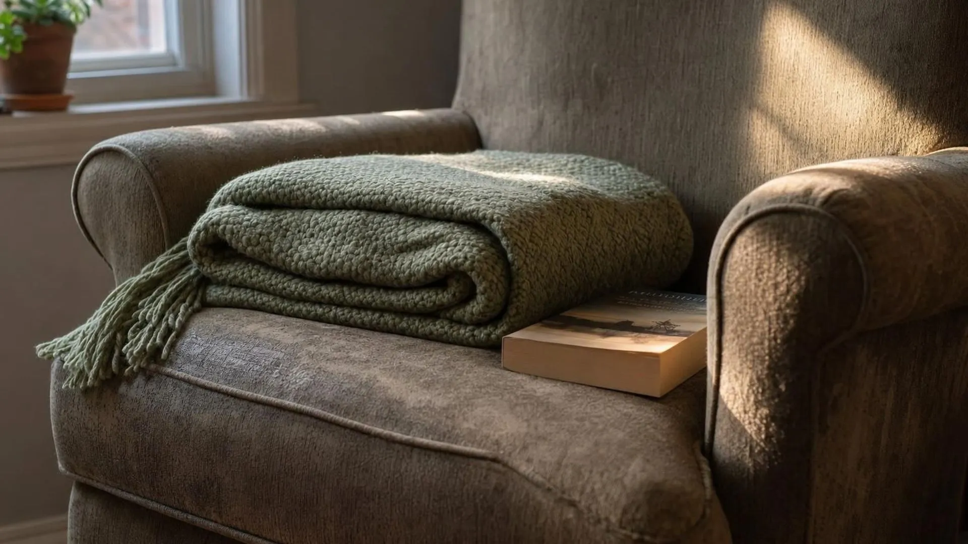 Opgevouwen plaid en een dichtgeslagen boek op een versleten fauteuil in de middagzon