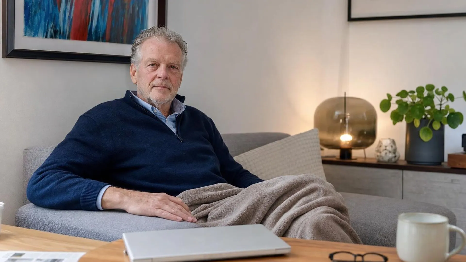 Iemand zit thuis op de bank met een burn-out, laptop dicht naast hen
