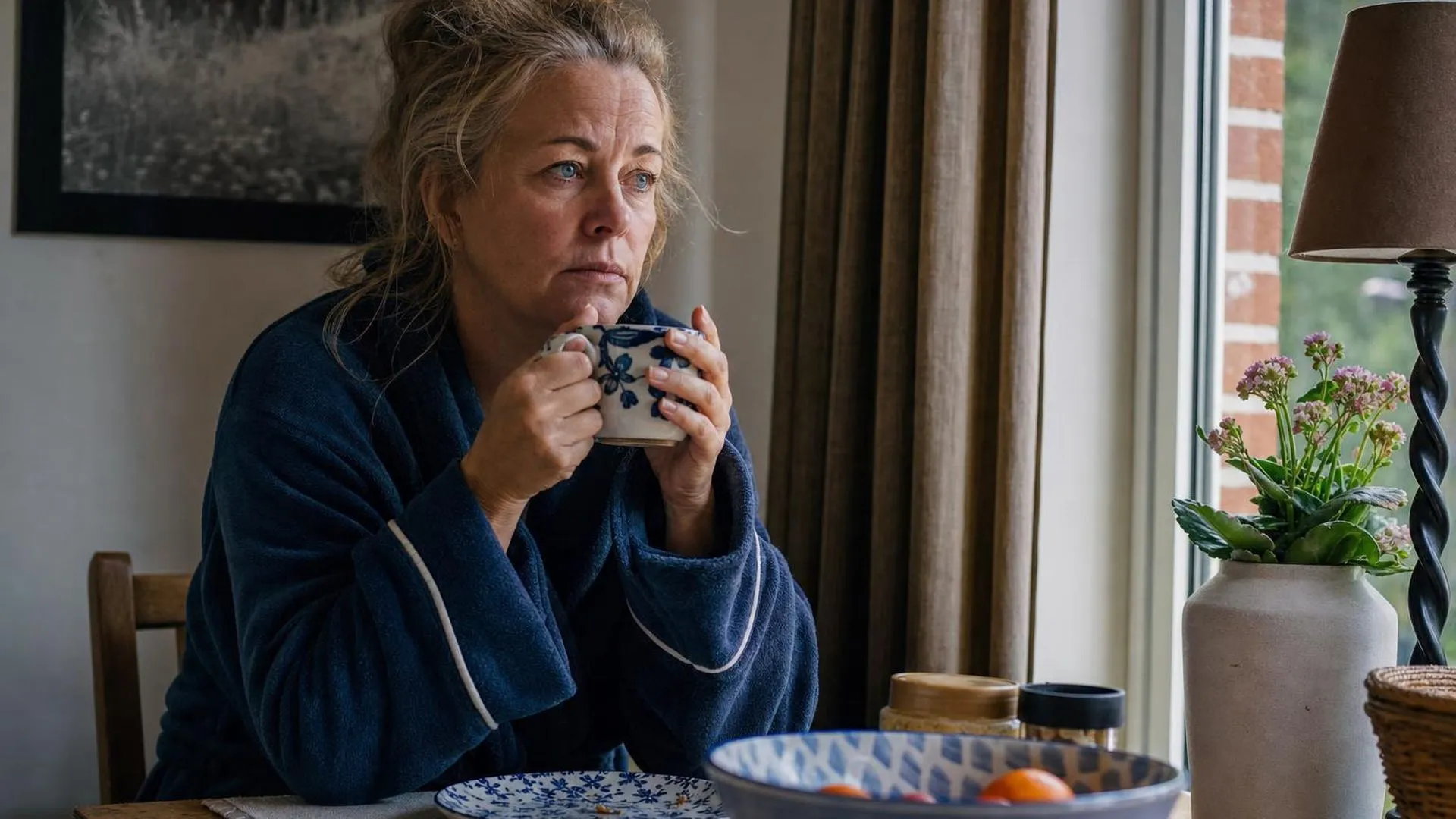 Persoon zit vermoeid aan tafel in de ochtend met een mok in de handen