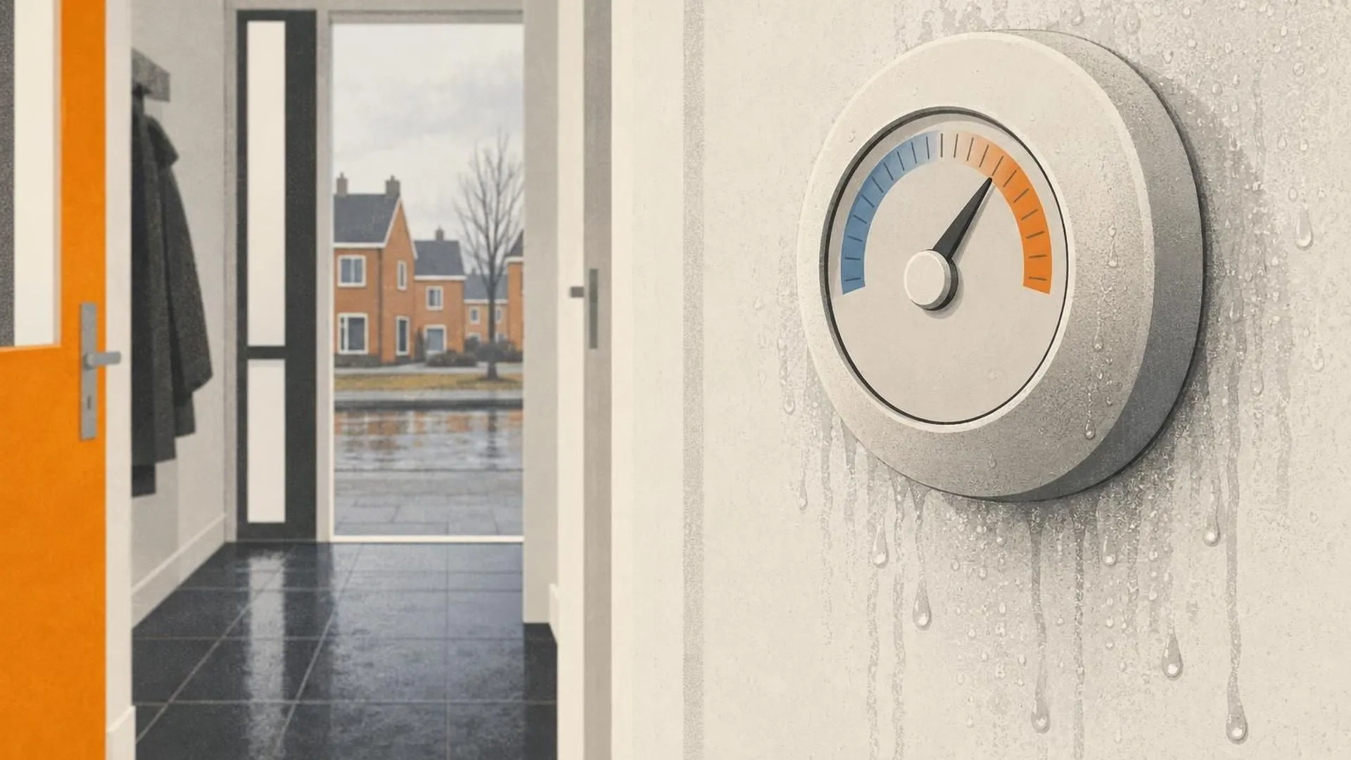 Een ronde thermostaat aan een gangmuur, met de wijzer vast tussen de blauwe en rode zone en condens op de muur eromheen.