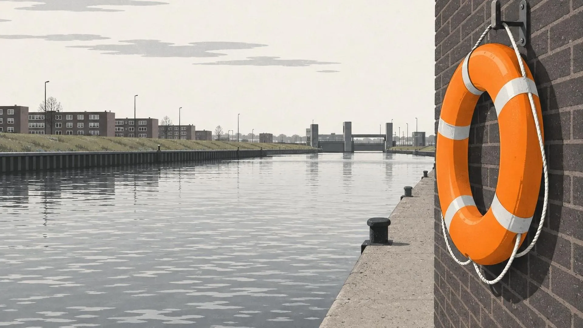 Een reddingsboei die ongebruikt aan een haak langs een gracht hangt.