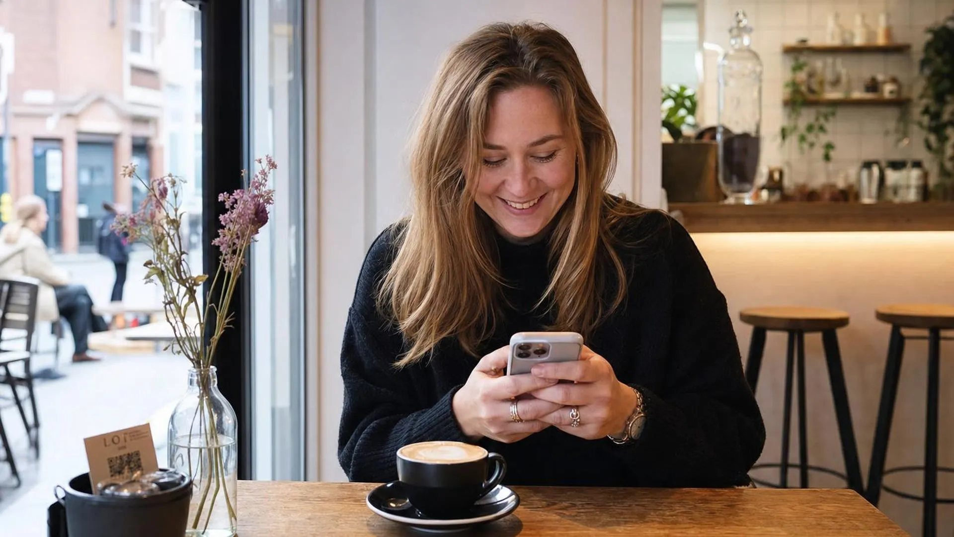 Persoon lacht ontspannen aan een cafétafel