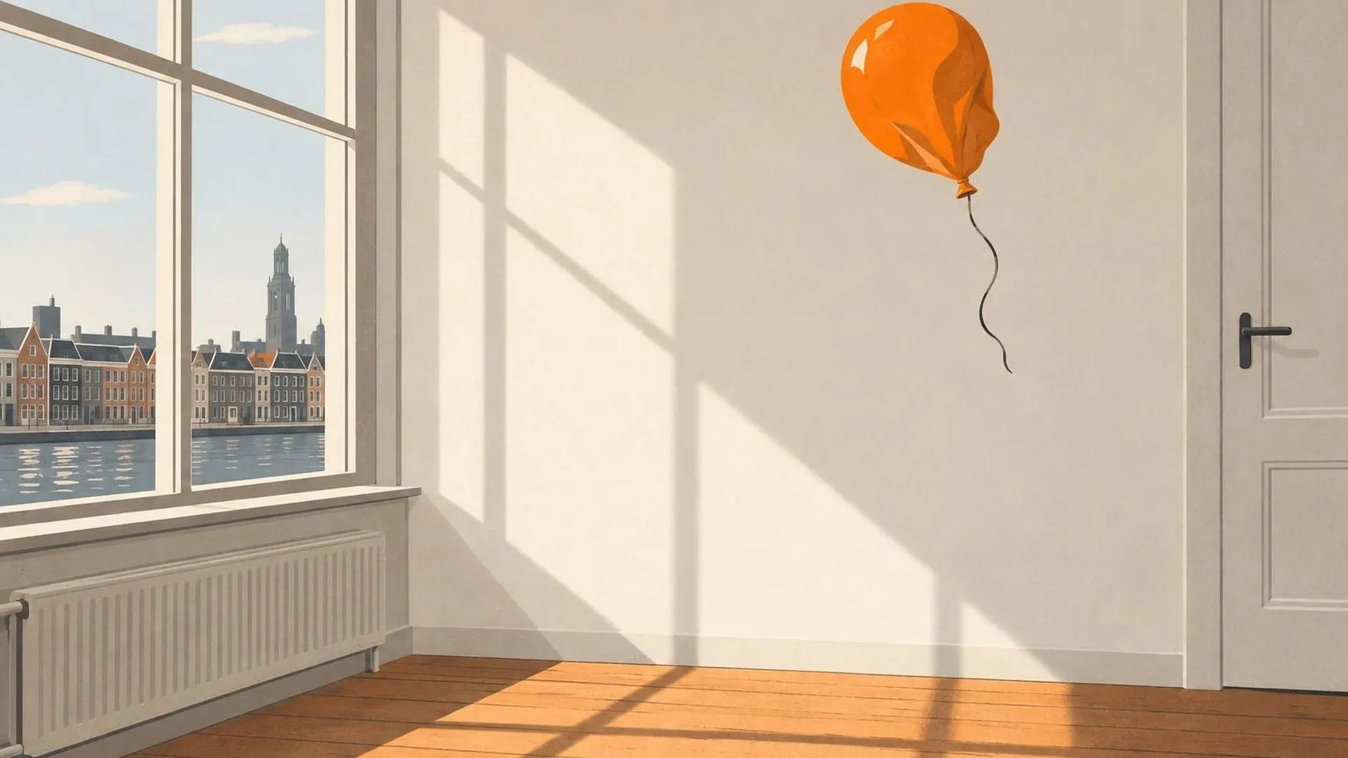 Een halfleeggelopen feestballon die vanzelf langzaam omhoog zweeft in een verder lege, zonnige kamer.