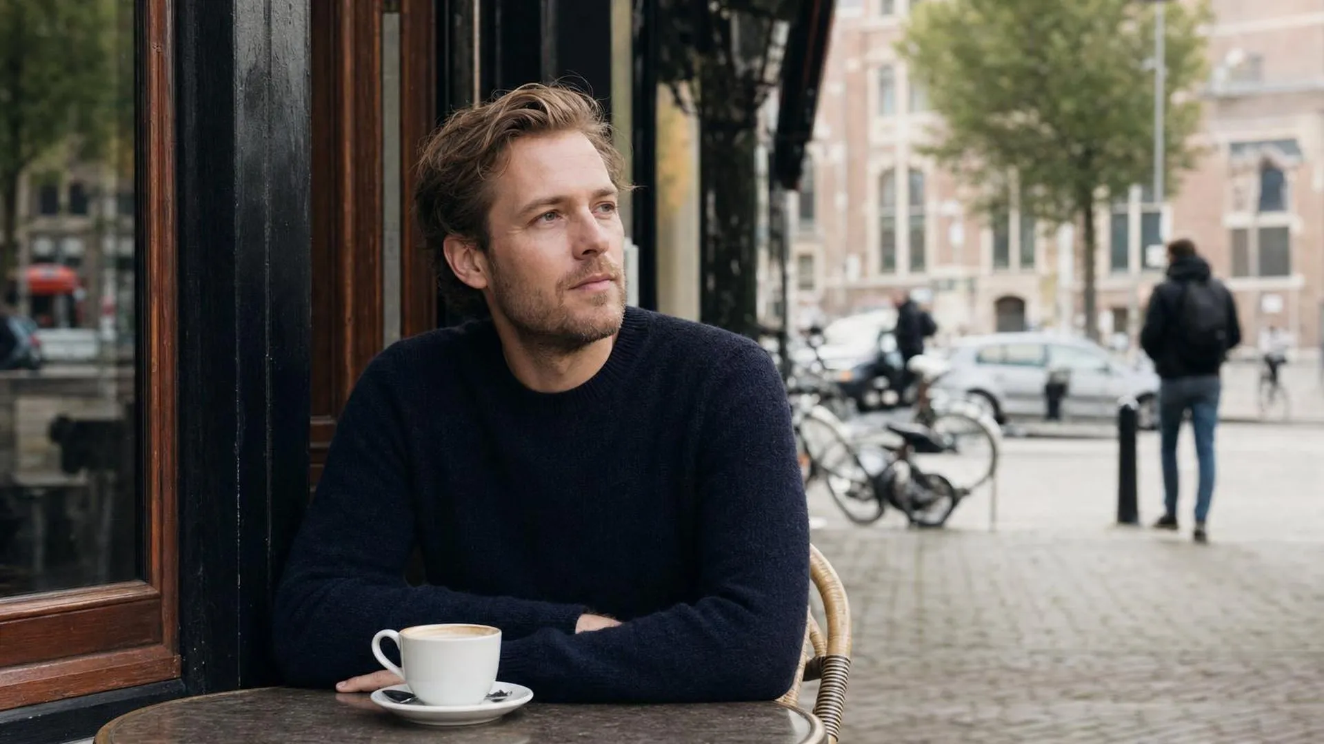 Persoon zit peinzend op een terras met een onaangeroerd kopje koffie voor zich