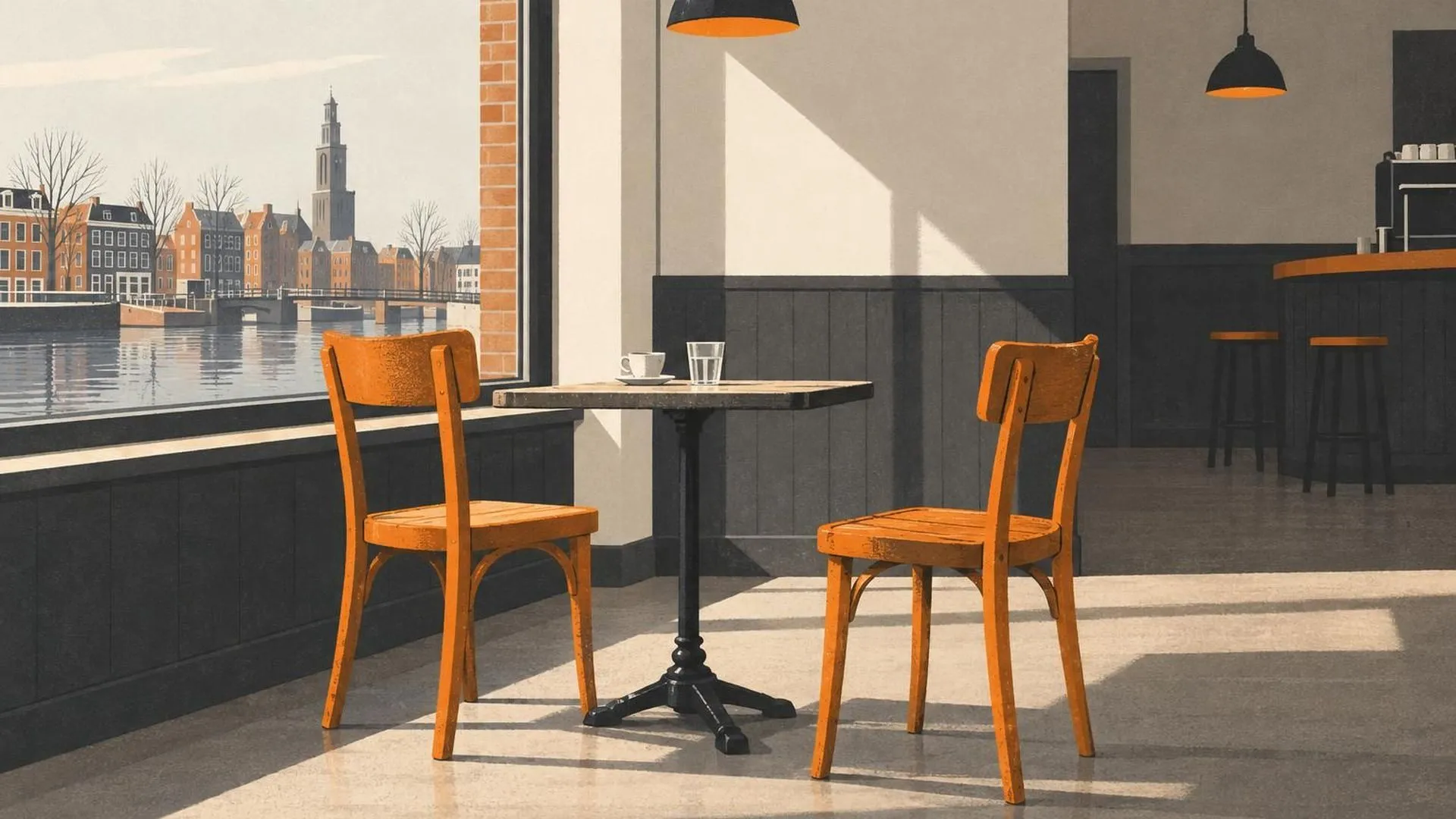 Twee identieke stoelen aan een cafétafeltje die elk een andere kant op staan, de ene naar het raam en de andere naar de lege ruimte.