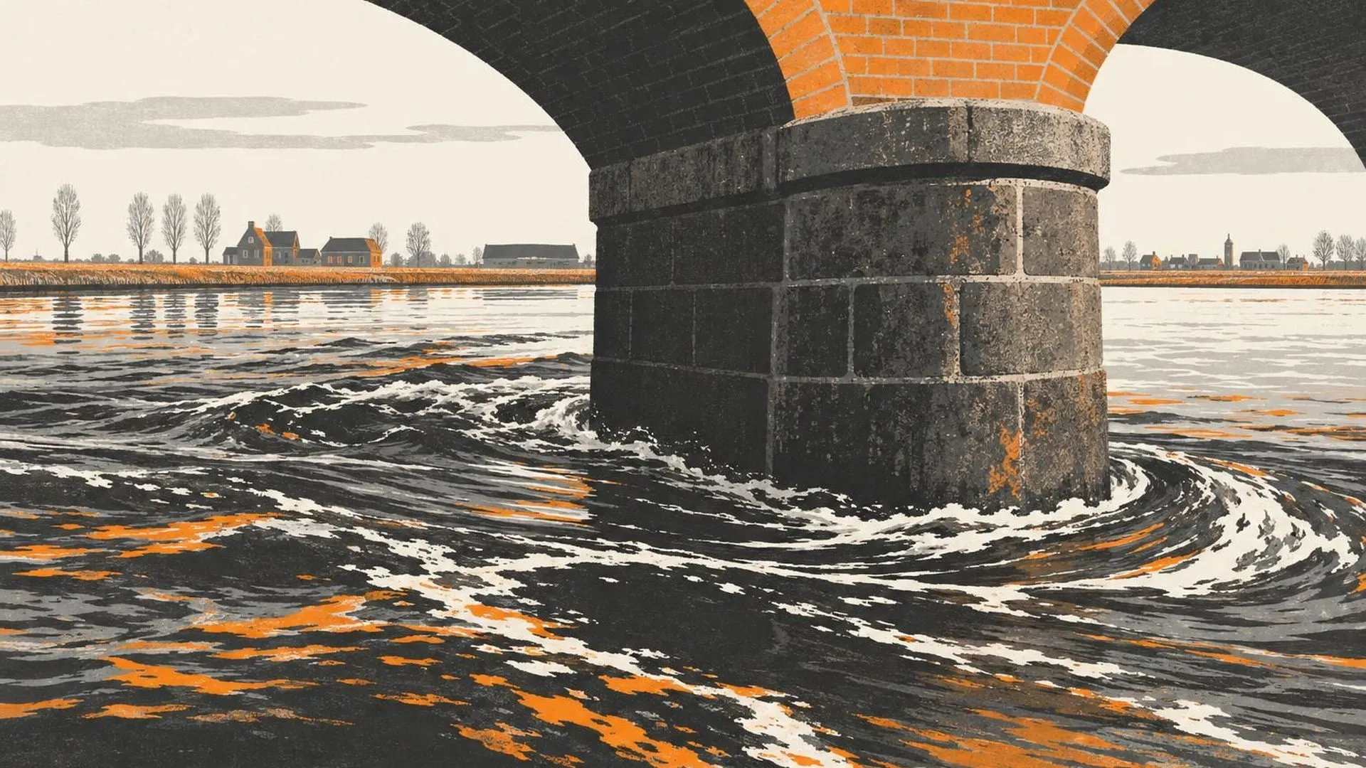 Een stenen pijler van een kanaalbrug staat onbewogen terwijl het water er krachtig omheen kolkt.