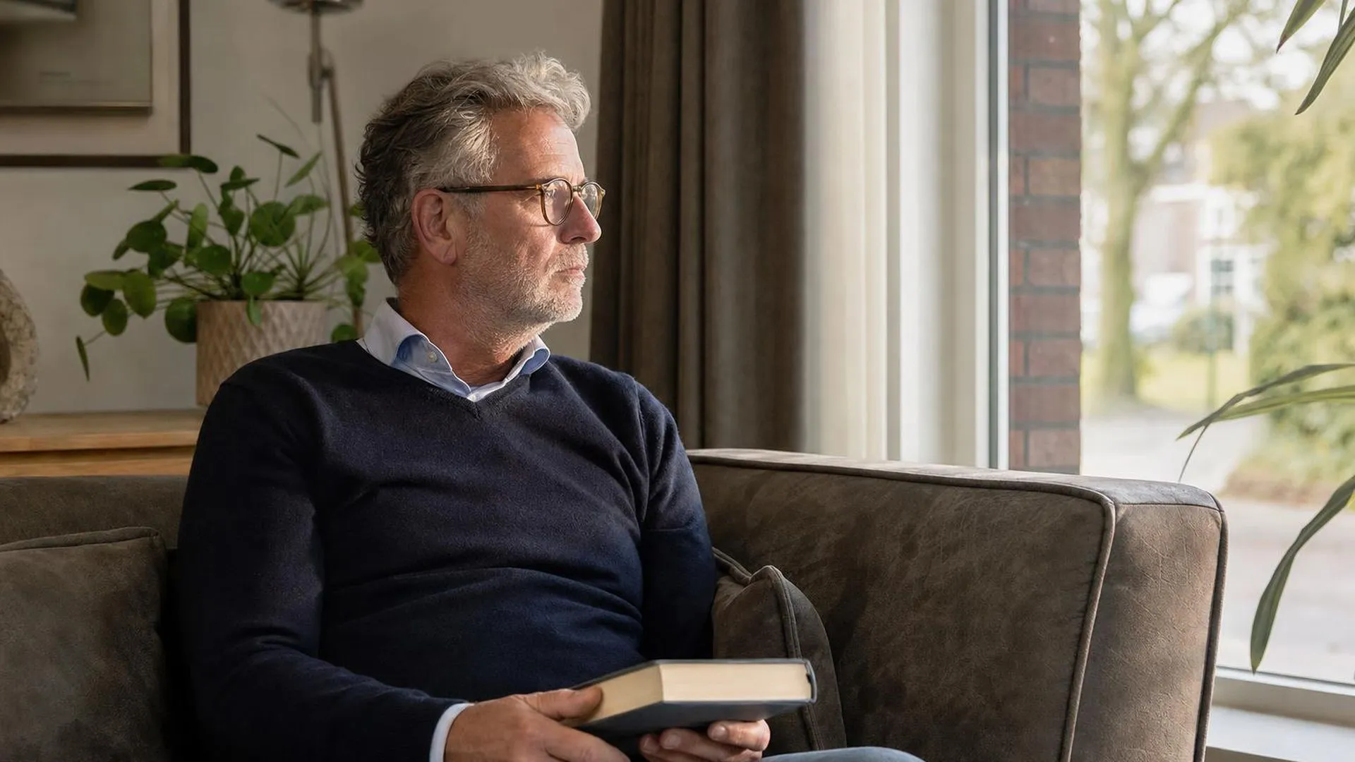 Persoon zit stil op een bank en kijkt naar buiten, op zoek naar rust