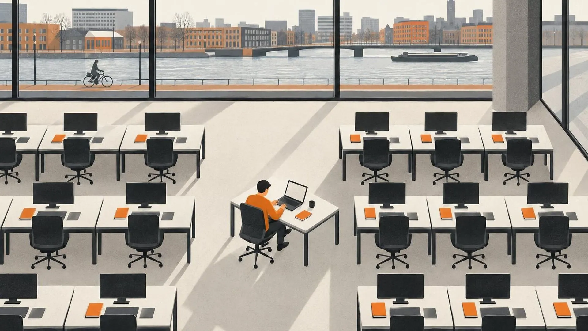 Bovenaanzicht van bureaus in een net rooster, waarbij één bureau uit de rij is getrokken en een andere kant op staat.