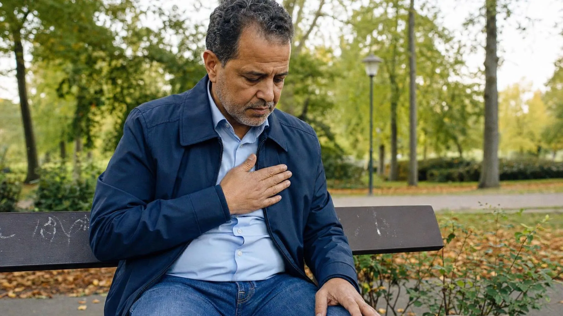Persoon zit op een bankje met hand op de borst, lijkt vermoeid en gespannen