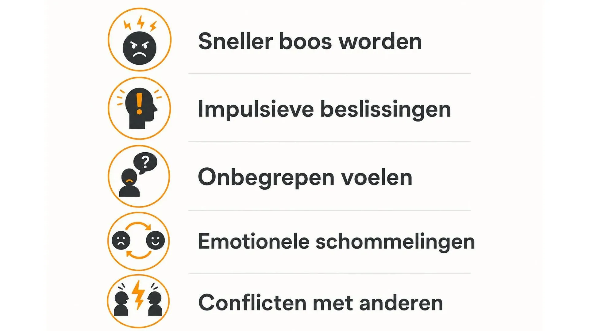 Vijf signalen van emotionele instabiliteit door stress: snel boos worden, impulsieve beslissingen, onbegrepen voelen, emotionele schommelingen en conflicten