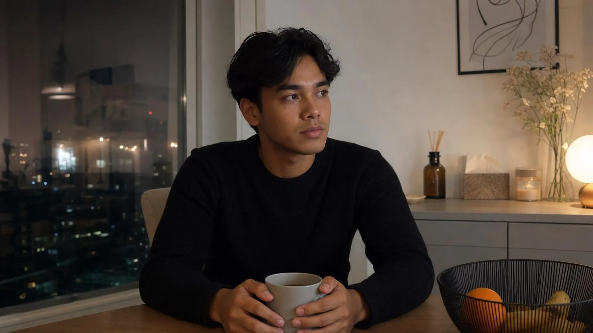 Persoon zit peinzend aan de eettafel met een mok in beide handen