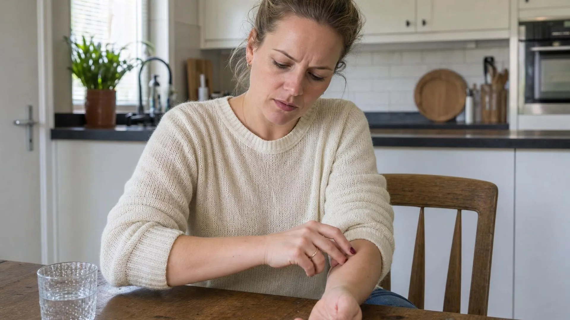 Iemand die naar zijn arm kijkt met onverklaarbare jeuk door stress