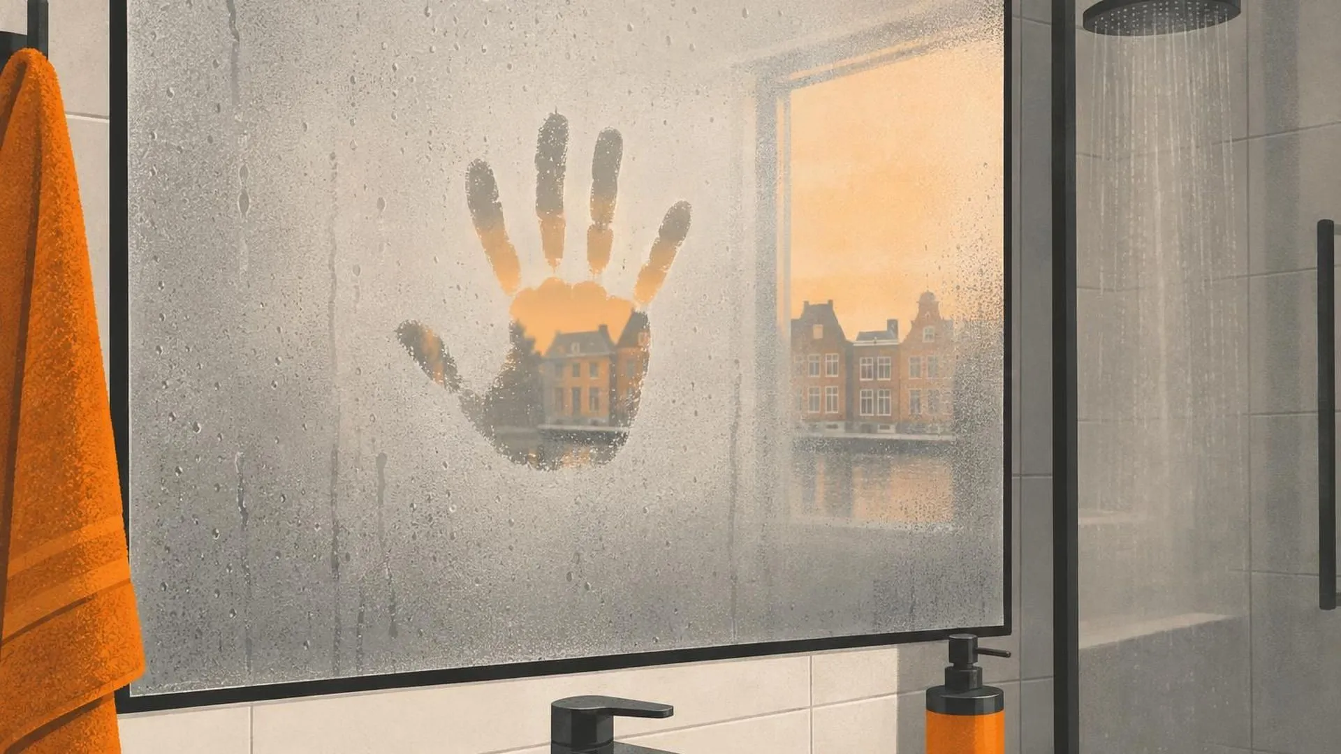 Een beslagen badkamerspiegel na het douchen, met in het midden één handafdruk schoongeveegd.