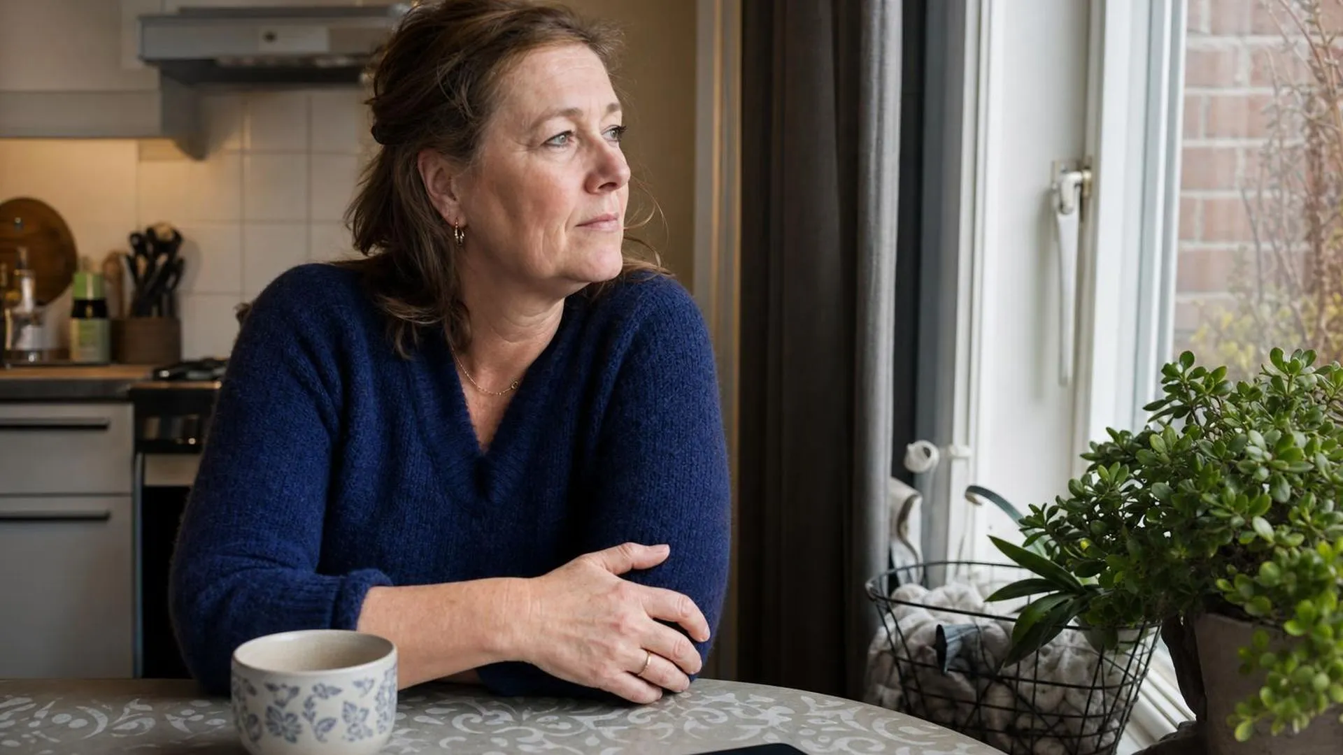 Persoon zit aan keukentafel met telefoon omgekeerd naast zich, in gedachten verzonken