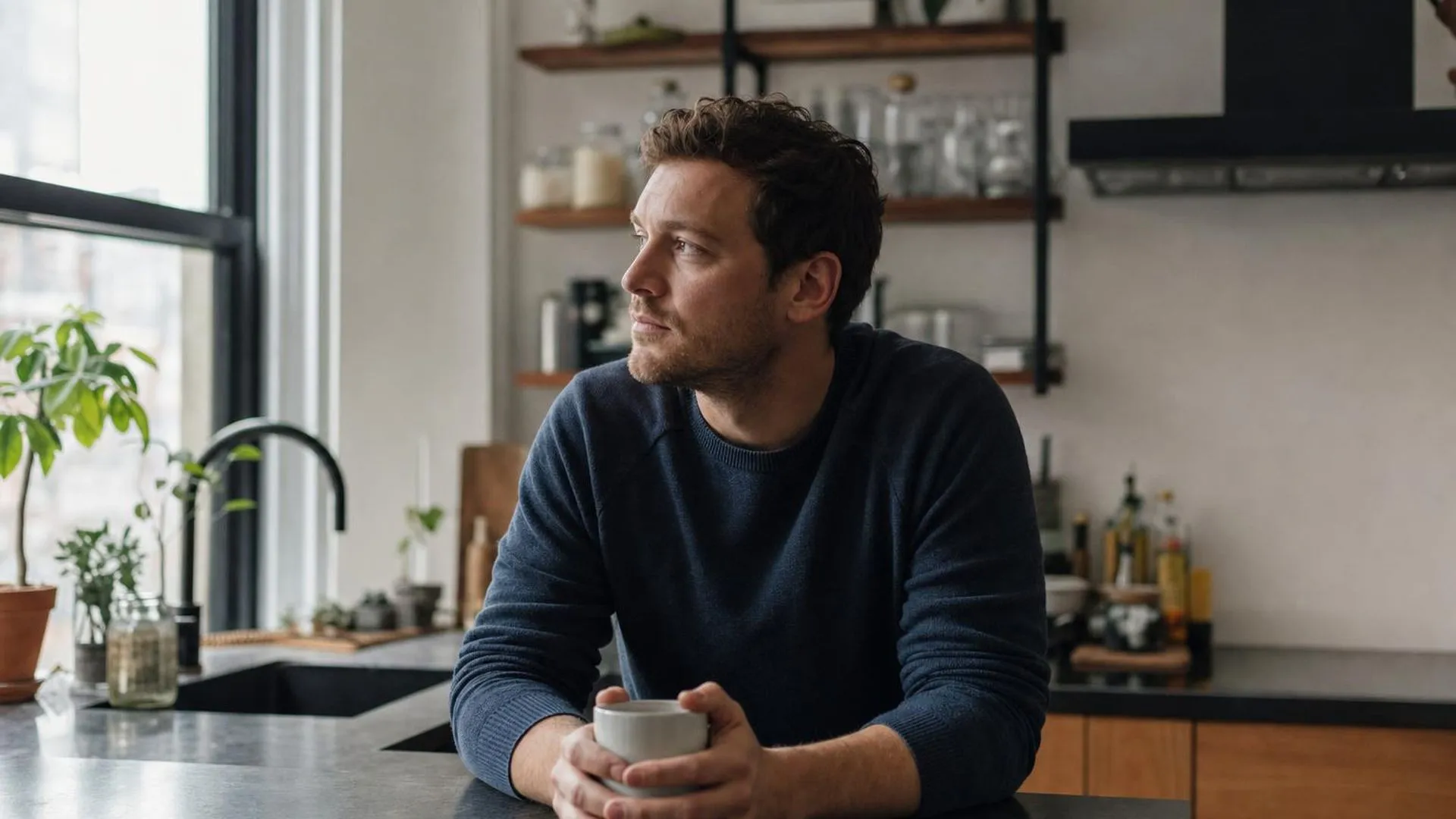 Persoon zit aan een keukeneiland met een mok en kijkt peinzend naar buiten tijdens herstel na burn-out