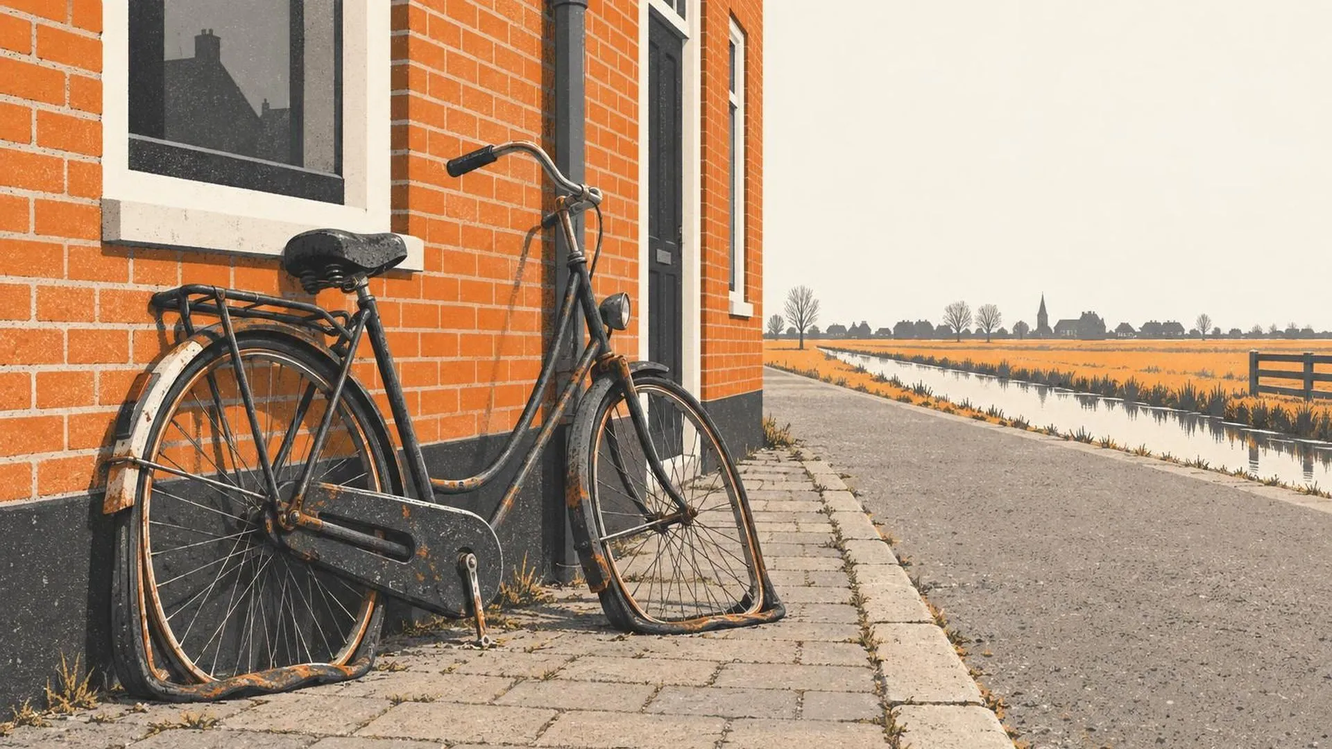Een fiets met platte banden die al een tijdje ongebruikt tegen een baksteenmuur staat.