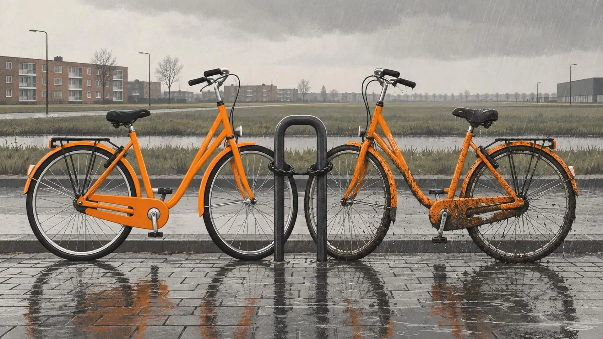 Twee identieke fietsen in hetzelfde rek, de een droog en schoon, de ander vol regenstrepen en modder
