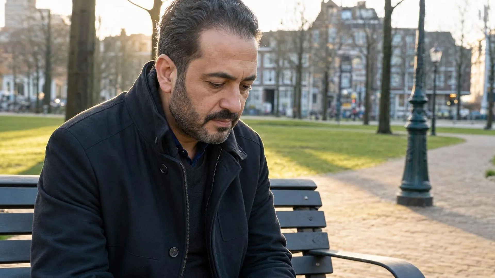 Persoon zit stil op een bankje in een park en kijkt voor zich uit
