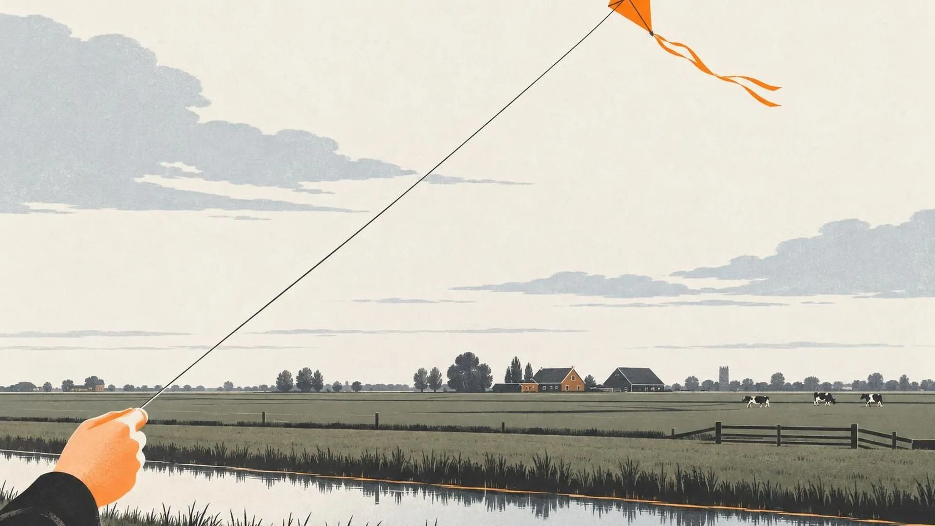 Een strakgespannen vliegerlijn die vanuit een hand omhoog verdwijnt in een open lucht boven vlak Nederlands boerenland.