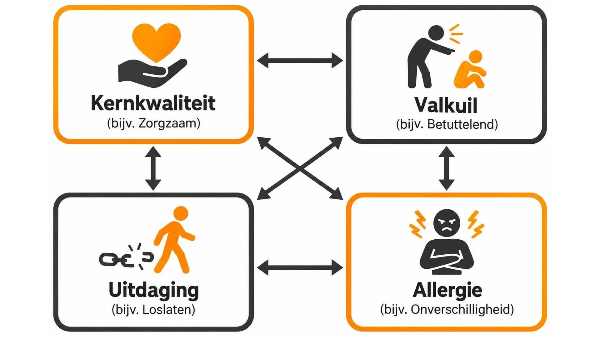 Kernkwadrant met kernkwaliteit, valkuil, uitdaging en allergie inclusief Nederlandse voorbeelden