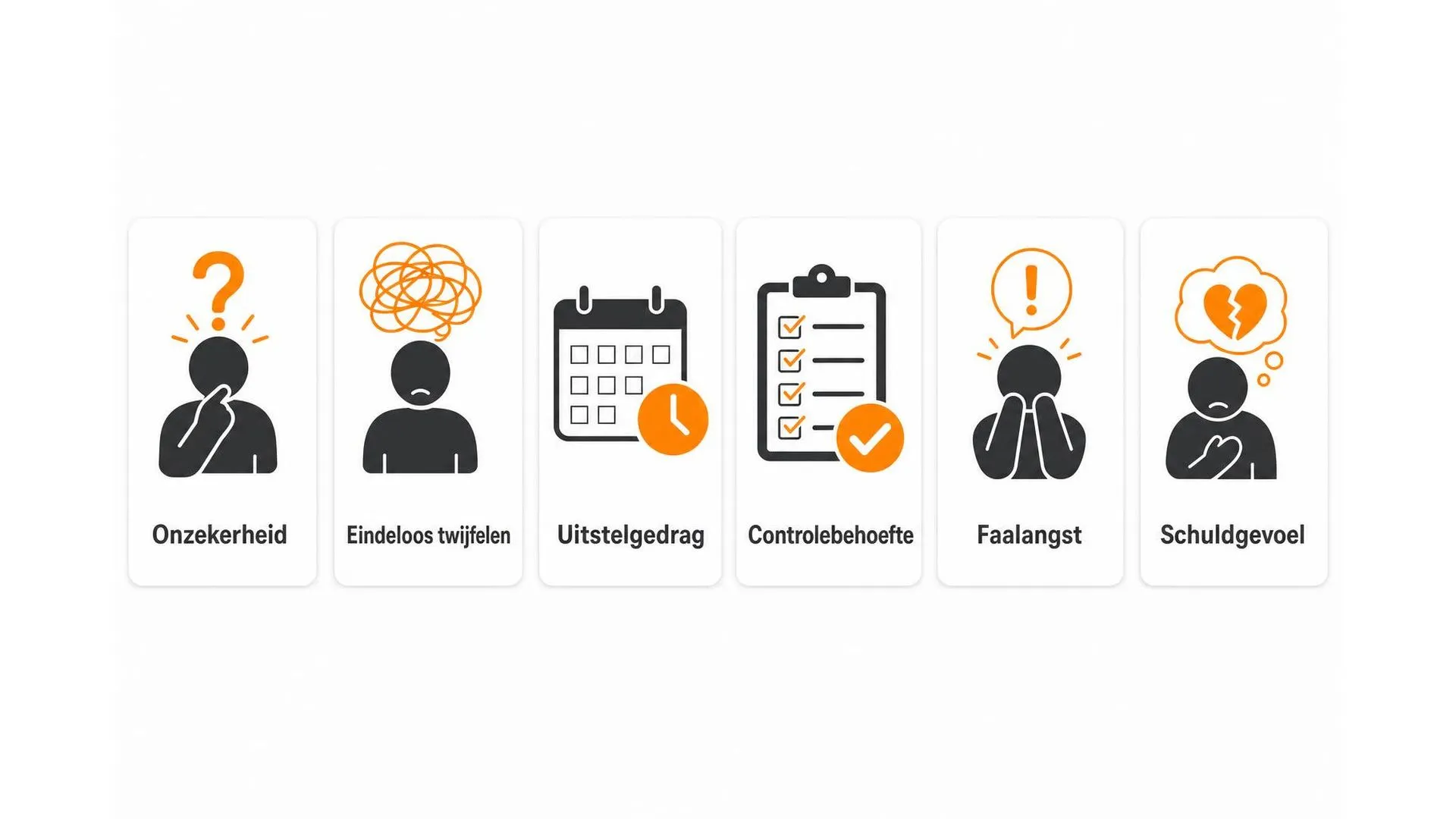 Zes veelvoorkomende signalen van keuzestress weergegeven als icoontjes met labels