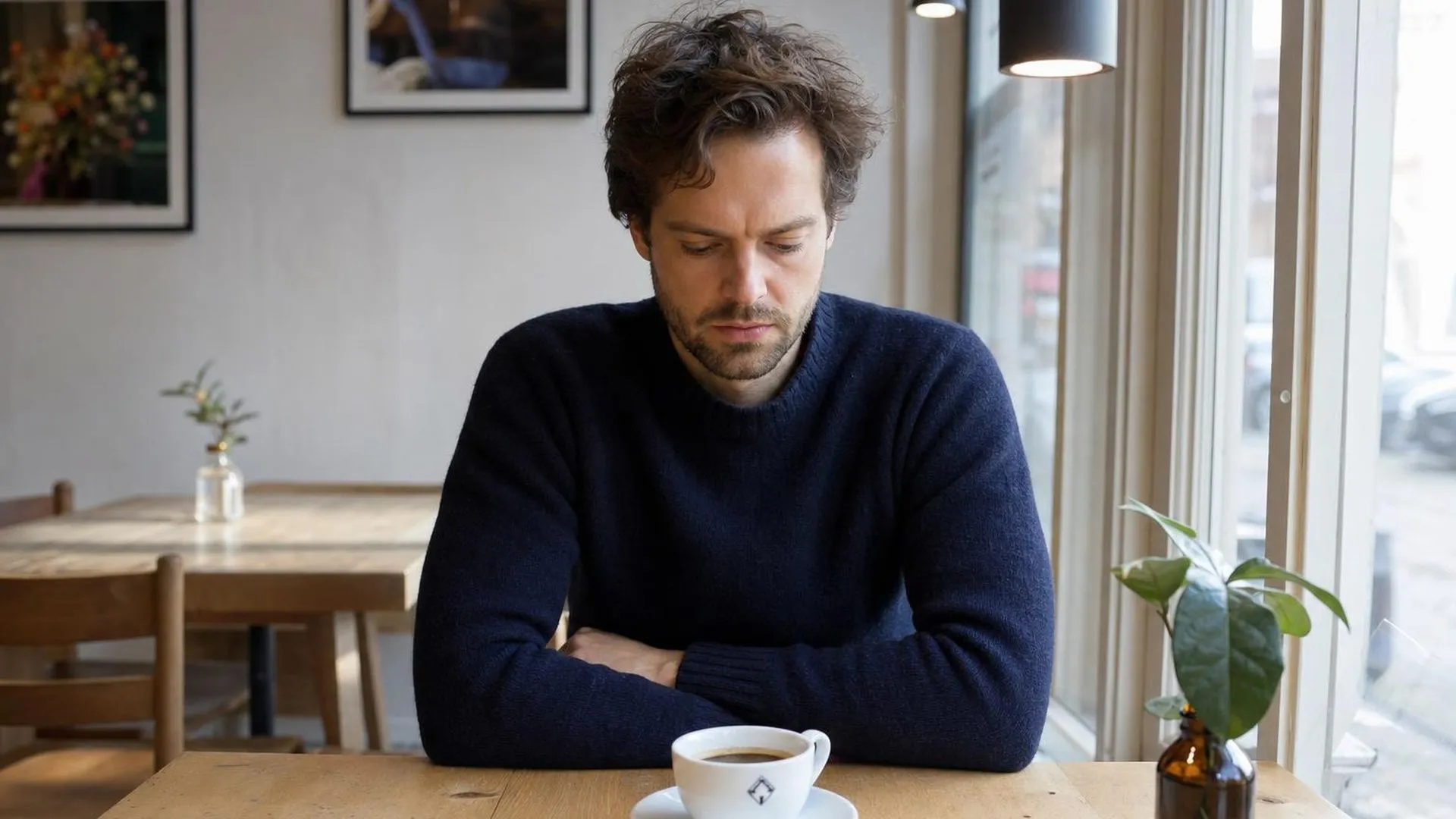 Persoon die peinzend voor zich uit kijkt met een onaangeroerde kop koffie