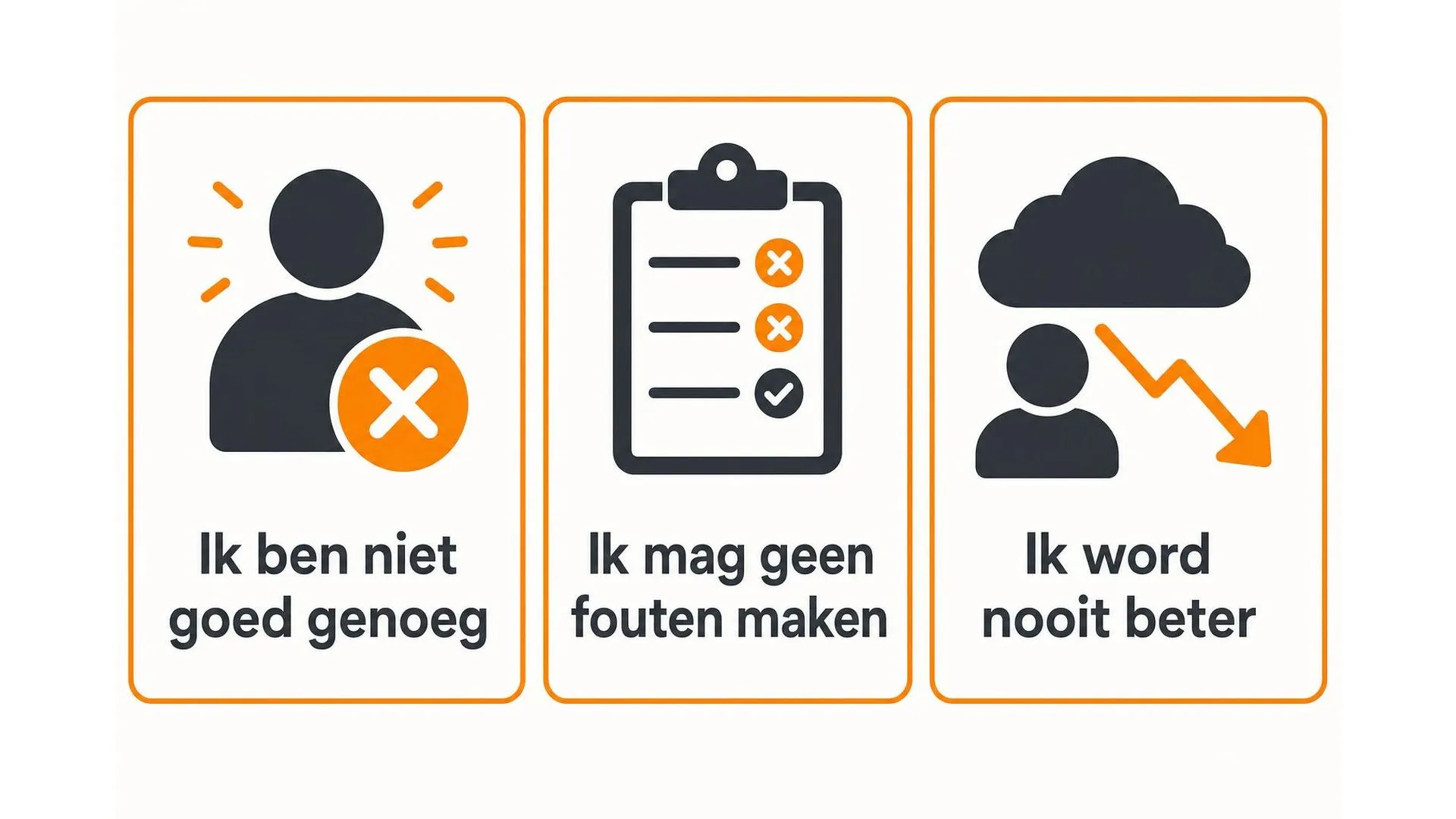 Drie veelvoorkomende overtuigingen die stress veroorzaken: ik ben niet goed genoeg, ik mag geen fouten maken, ik word nooit beter