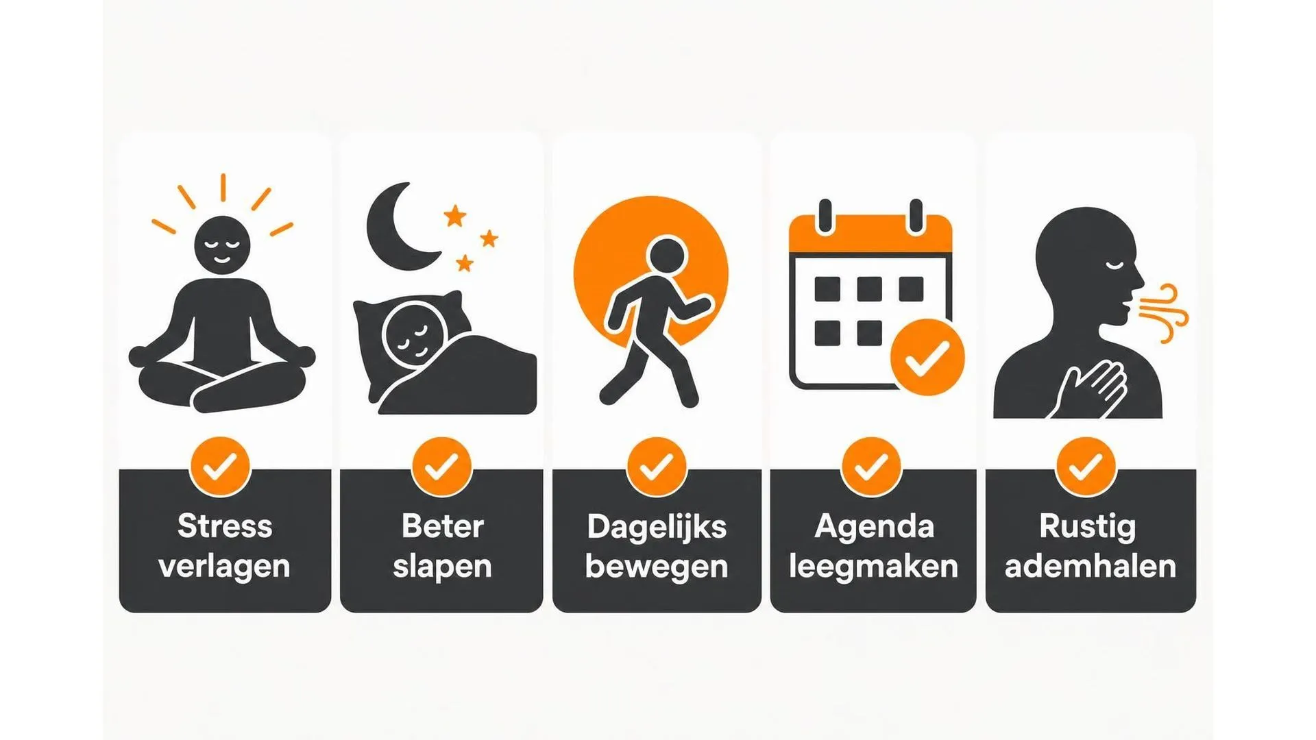 Overzicht met vijf manieren om je hartslag te stabiliseren bij stress