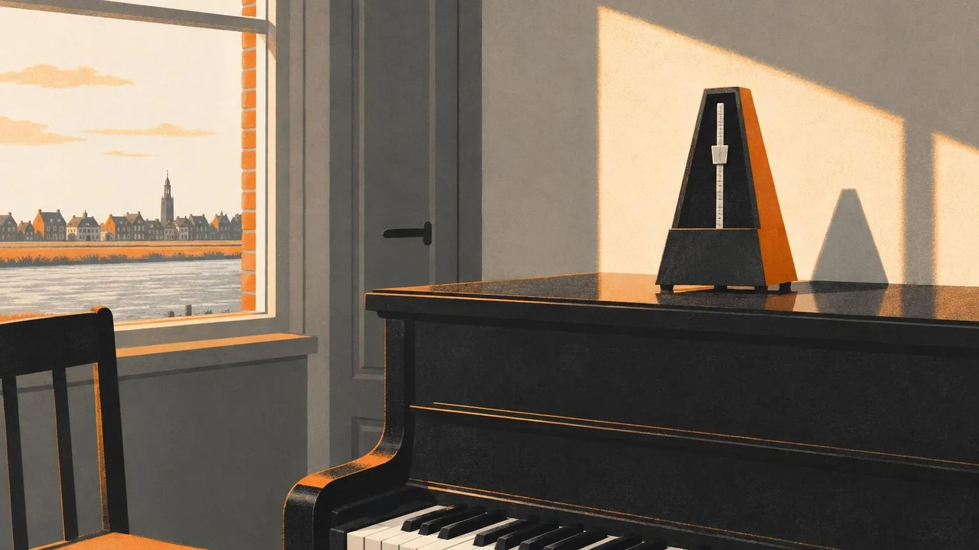 Een metronoom die stilstaat boven op een piano, met de arm precies in het midden stilgevallen.