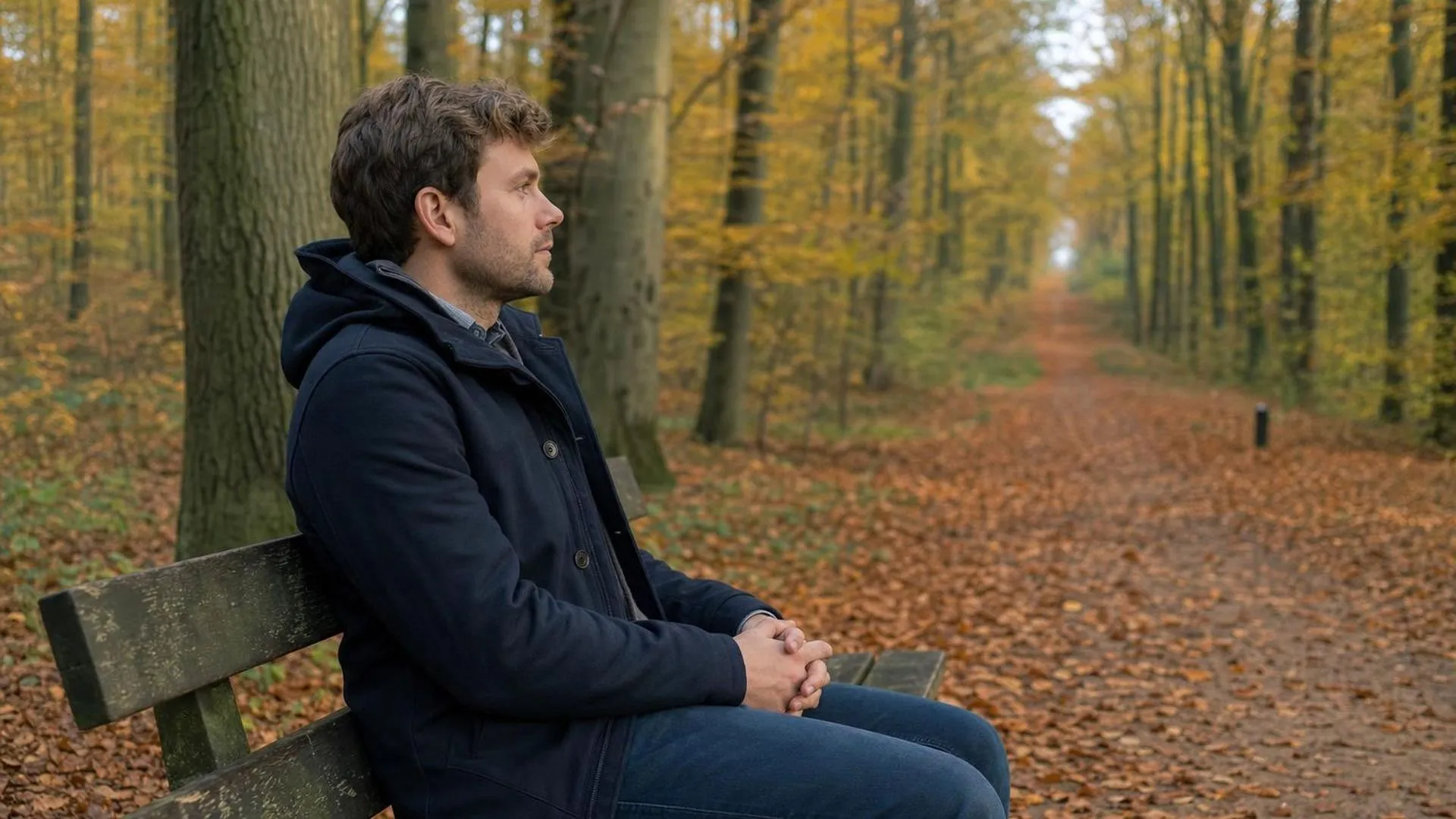 Vrouw zit op bankje in herfstbos en kijkt rustig voor zich uit