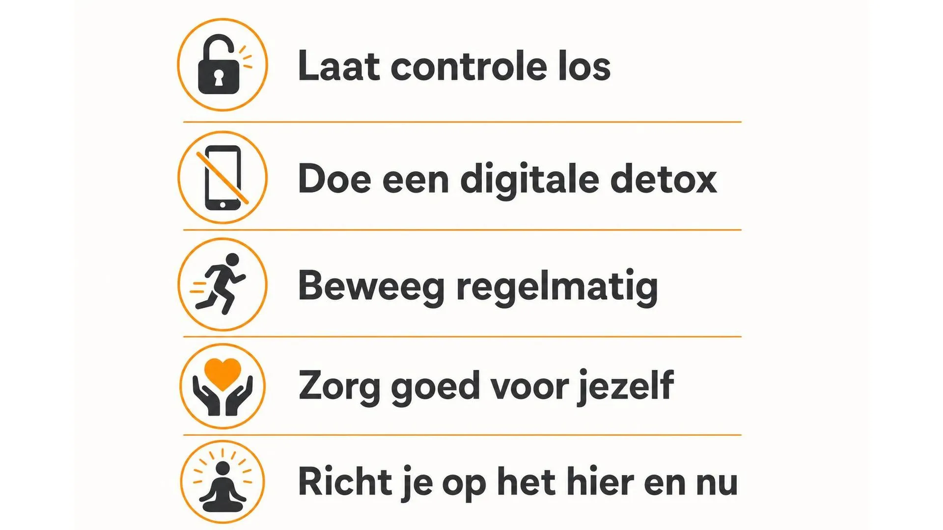 Vijf tips om rust te vinden in een chaotische wereld, weergegeven als iconenlijst