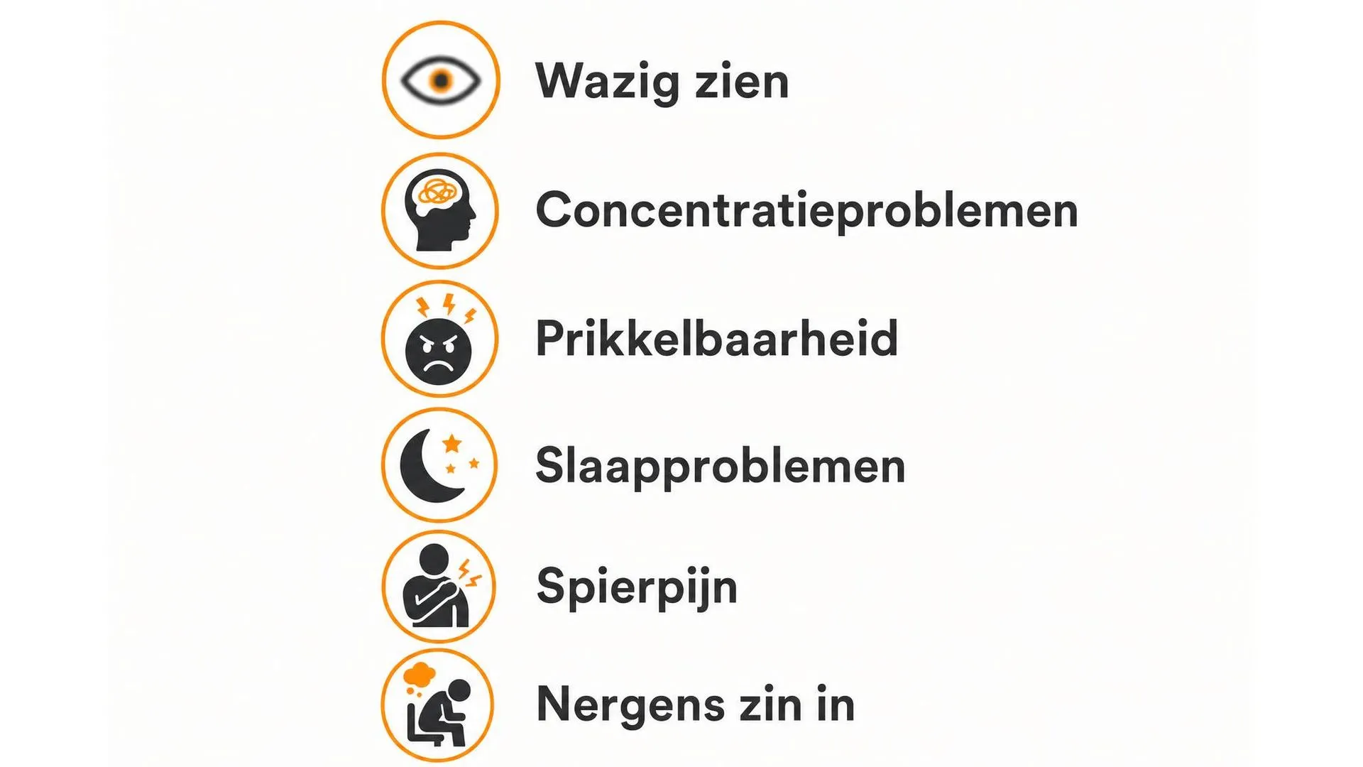 Zes veelvoorkomende signalen van oververmoeidheid: wazig zien, concentratieproblemen, prikkelbaarheid, slaapproblemen, spierpijn en nergens zin in