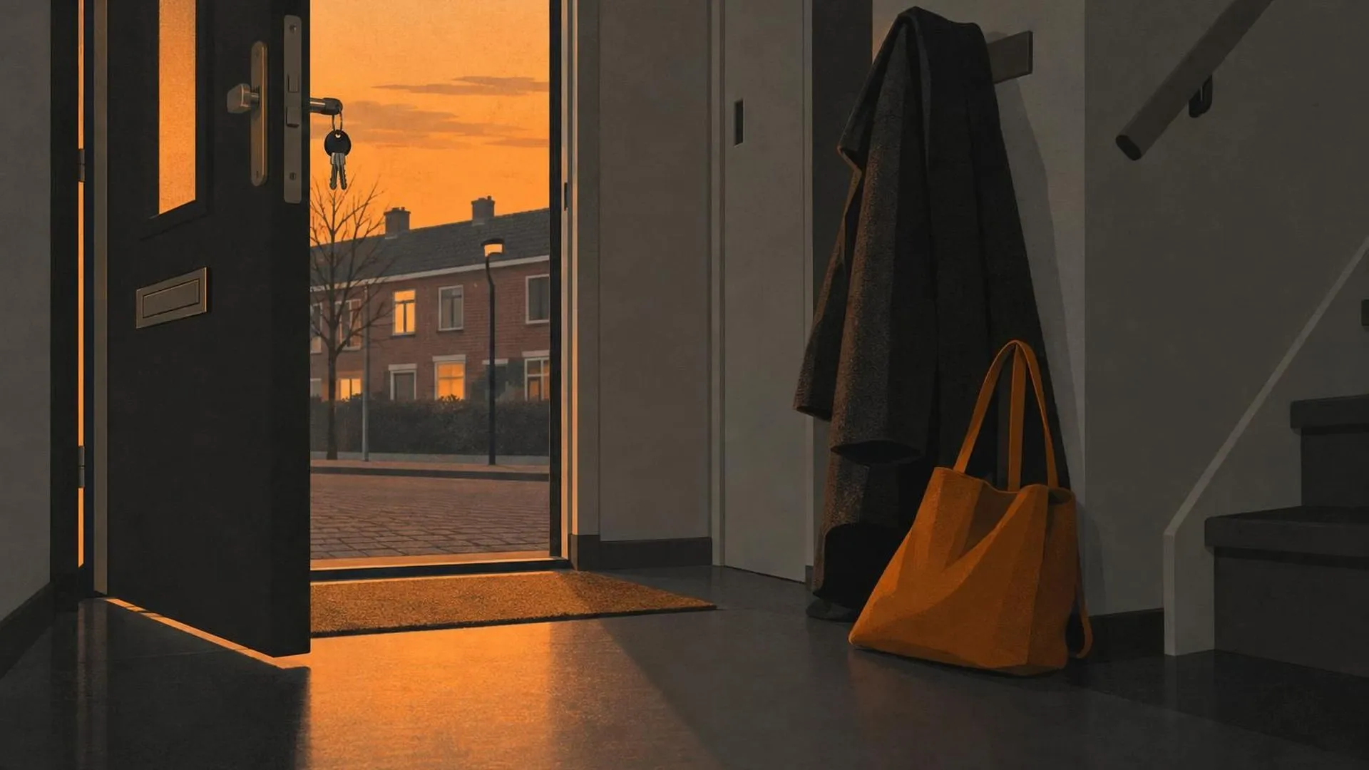 Een jas en tas die net binnen de voordeur zijn neergevallen, met de sleutel nog in het slot.