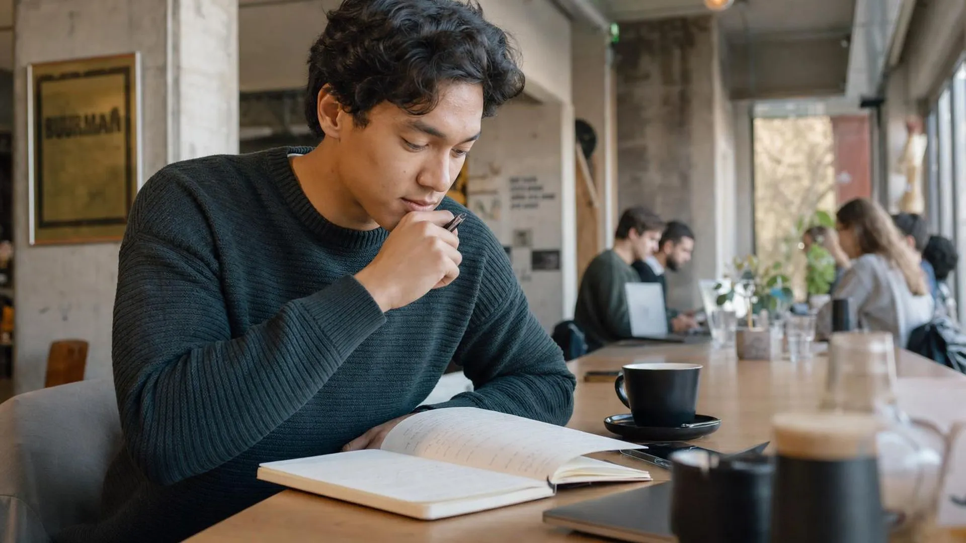 Persoon die nadenkt aan een werktafel over eigen gedrag en verantwoordelijkheid