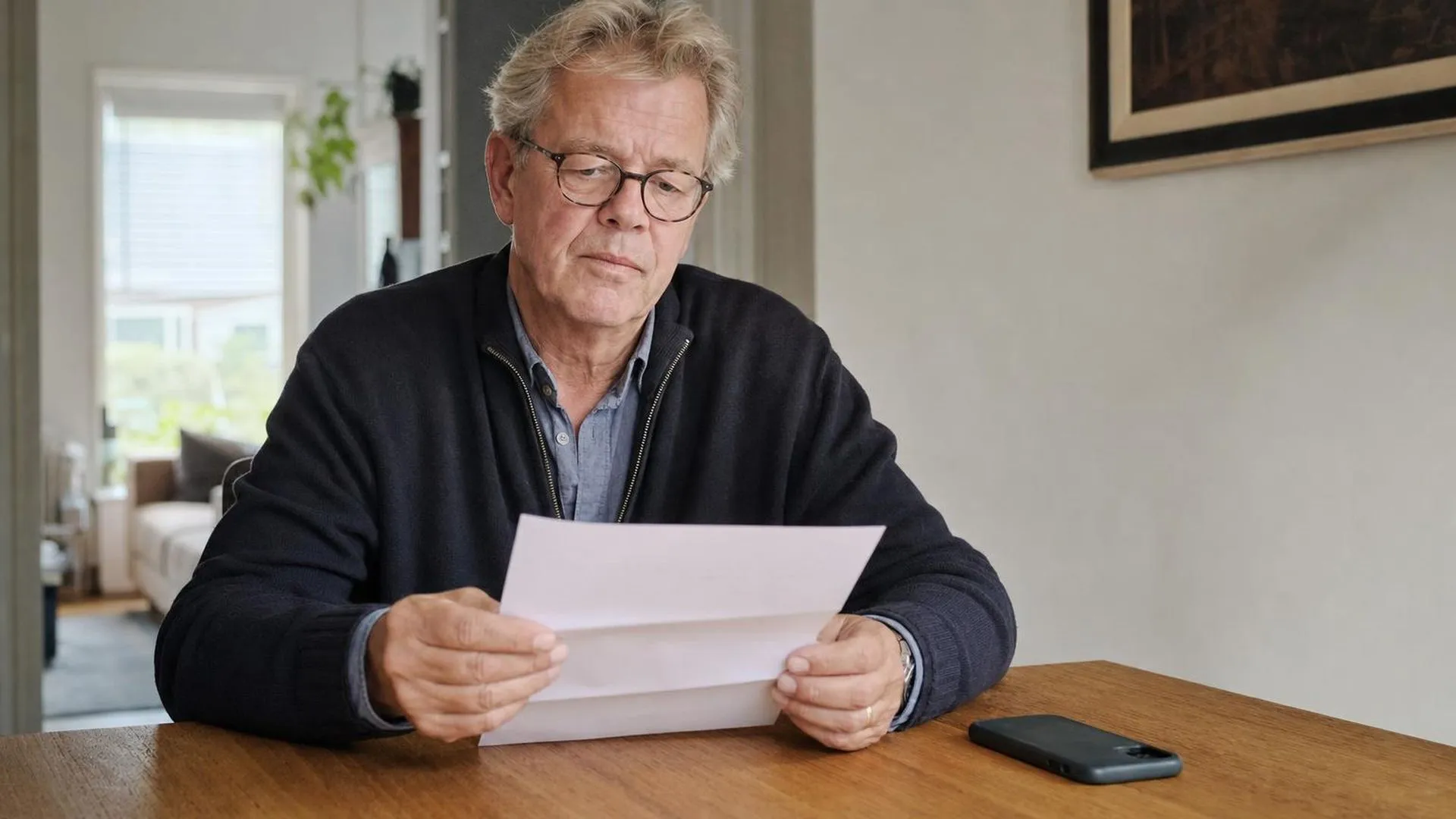 Persoon zit aan een eettafel en leest een brief, telefoon omgekeerd naast hen
