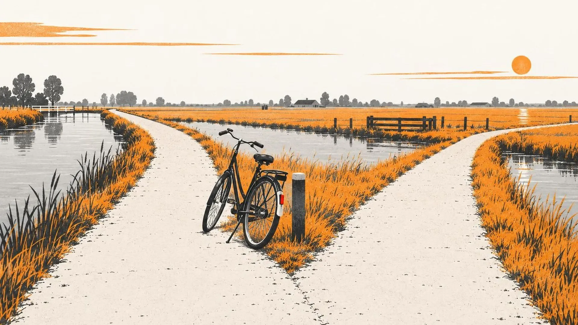 Een fiets staat alleen tegen een paaltje geleund op het punt waar een jaagpad langs het kanaal zich in twee richtingen splitst, in een vlak Nederlands polderlandschap.