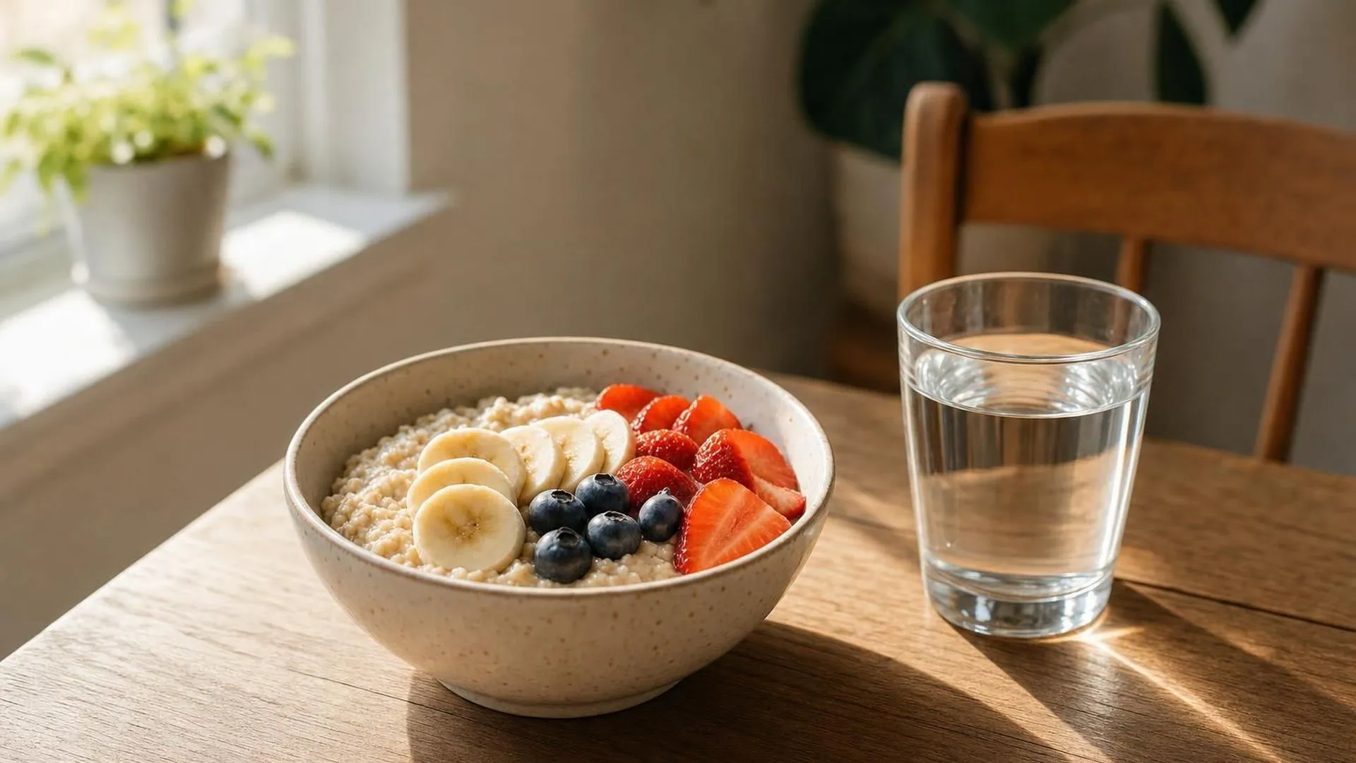 Kom havermout met stukjes fruit naast een glas water op een houten tafel in ochtendlicht
