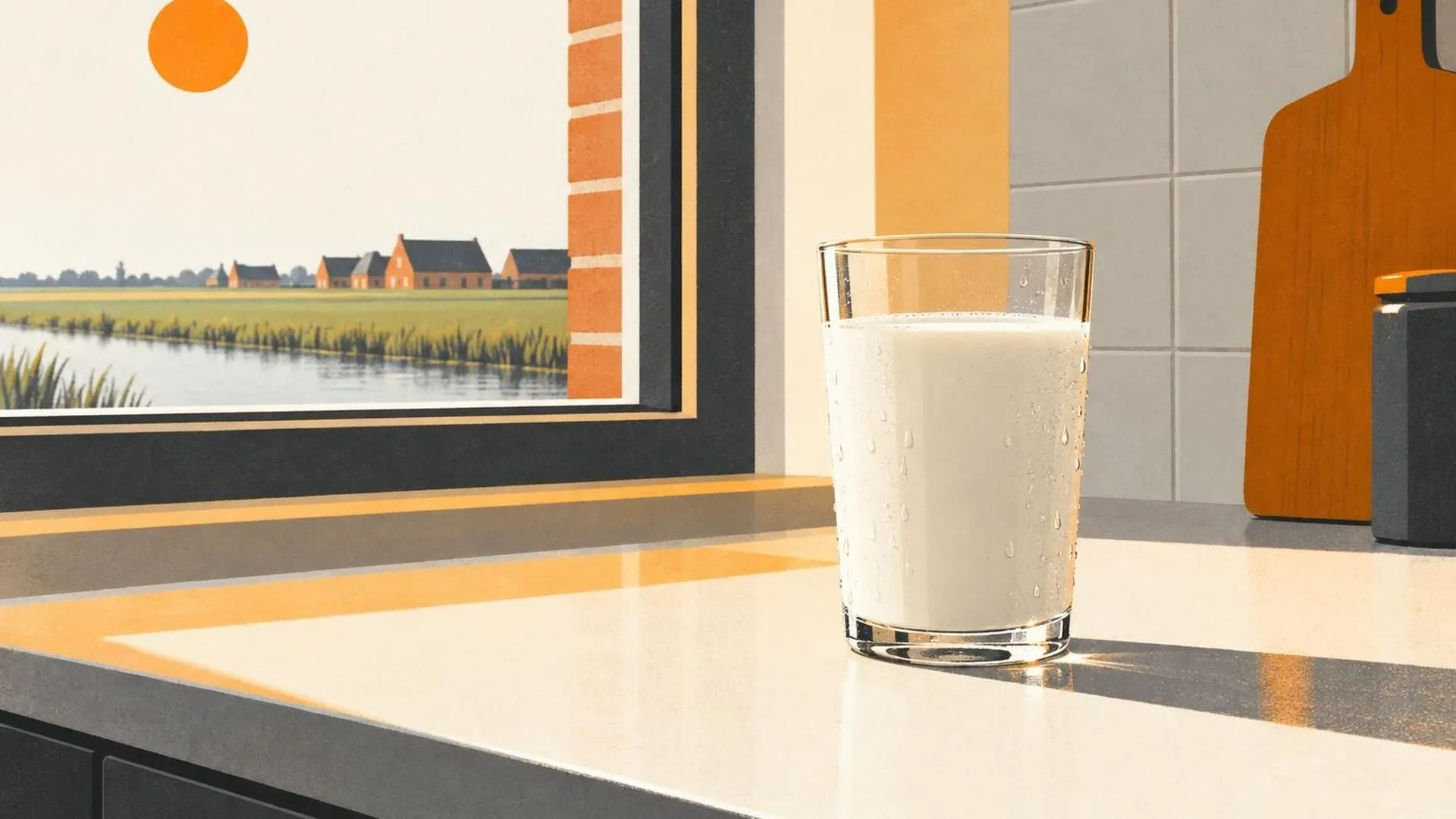 Een glas melk staat onaangeroerd op een zonnig aanrecht, met condens dat langs de buitenkant van het glas parelt.