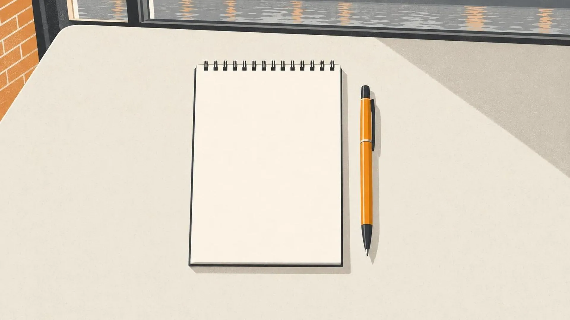 Een opgeruimd bureau van bovenaf, met een leeg notitieblok en een pen die precies evenwijdig aan de rand ligt.