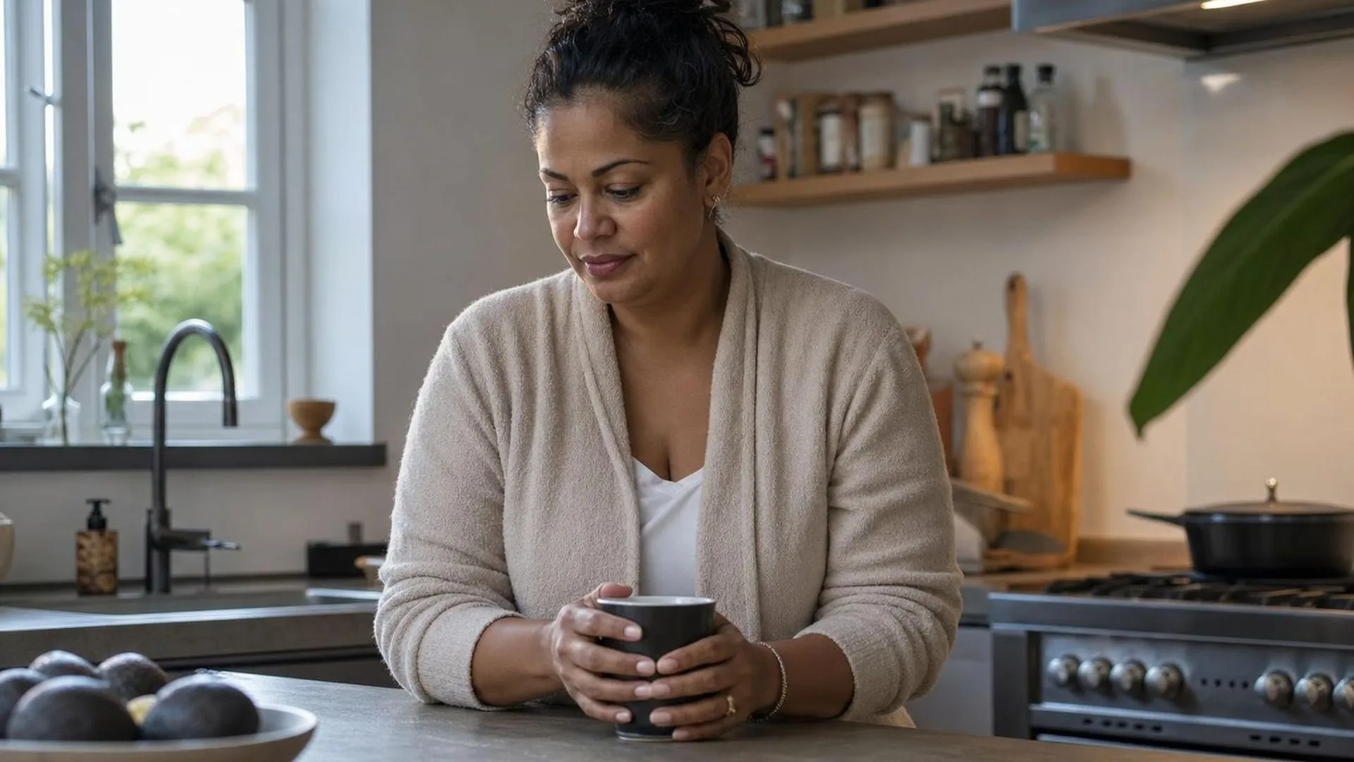 Persoon zit uitgeput aan een keukentafel met een mok koffie in de ochtend