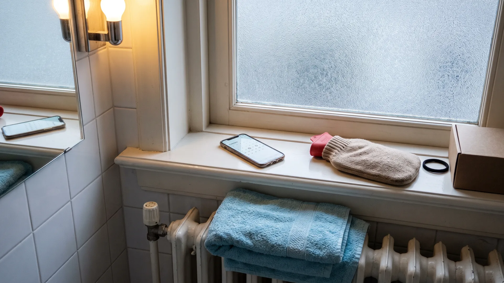 Telefoon op een badkamervensterbank met een maandkalender waarop de dagen onregelmatig zijn aangestreept, naast een kruik